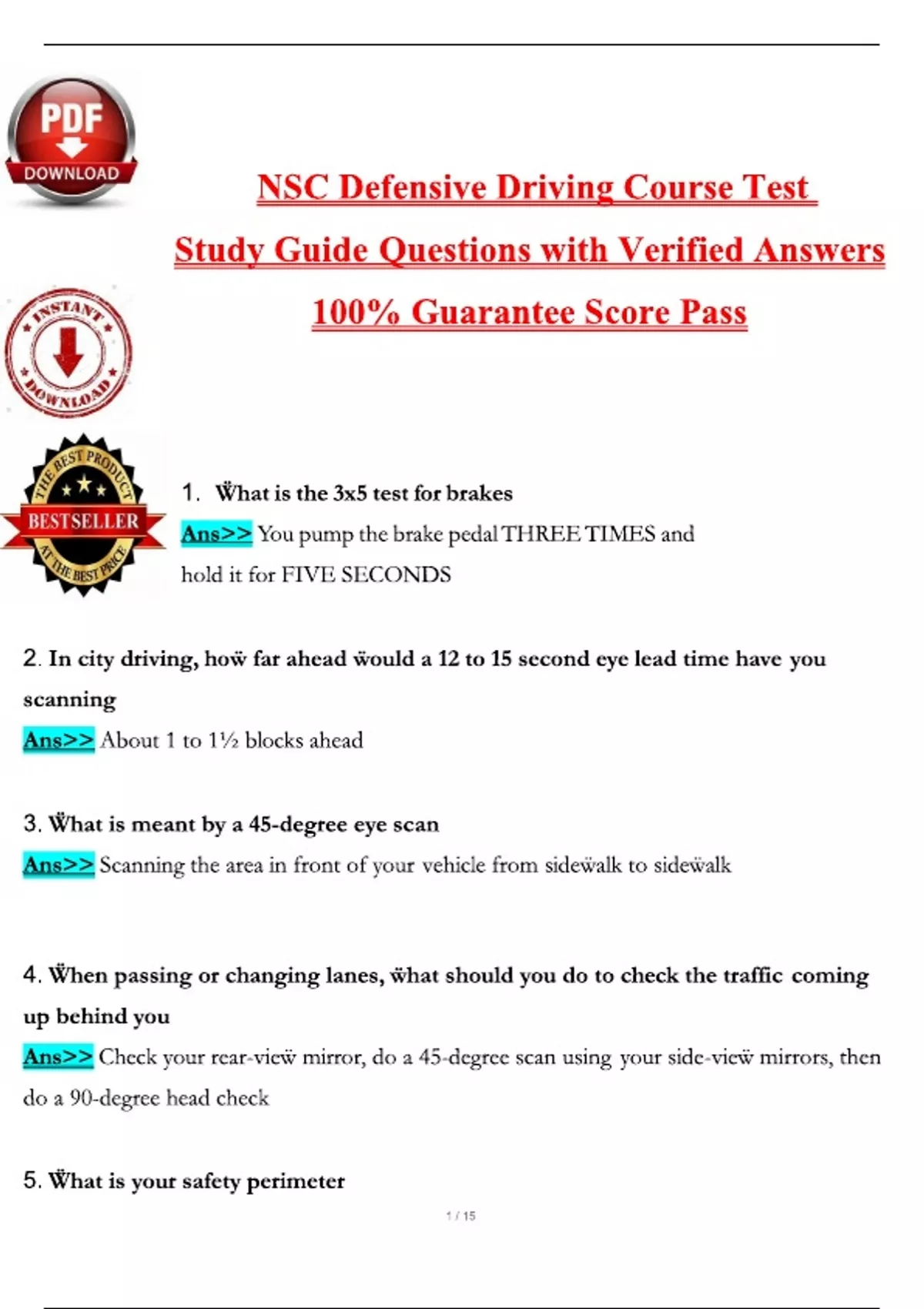 Nsc Testing NSC Defensive Driving Course Test Study Guide (Latest 2025 / 2026) Qs ...
