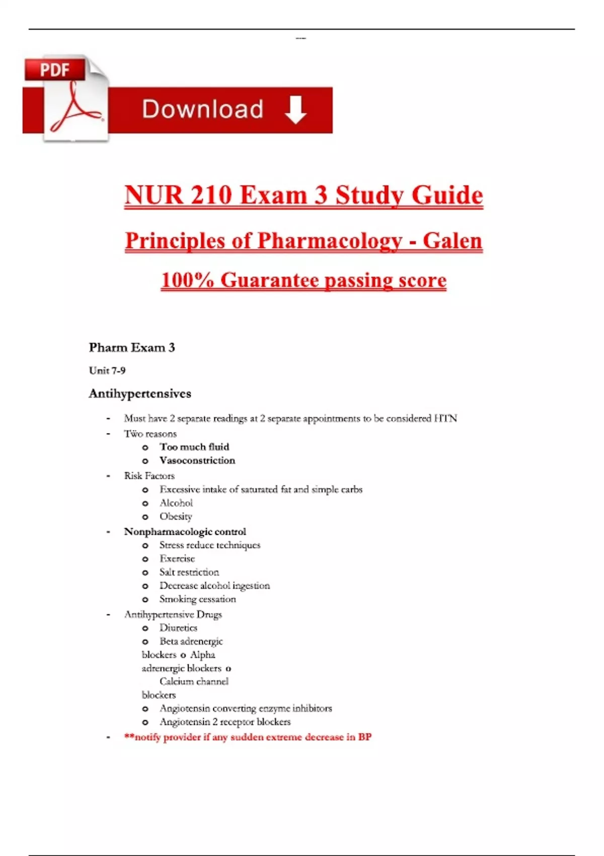 NUR 210 Exam 3 Study Guide Principles of Pharmacology - Galen (Latest ...