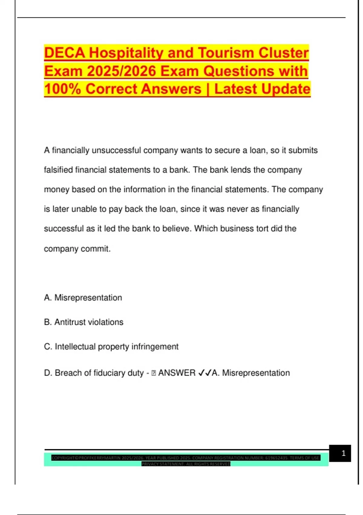 DECA Hospitality and Tourism Cluster Exam 2025/2026 Exam Questions with ...