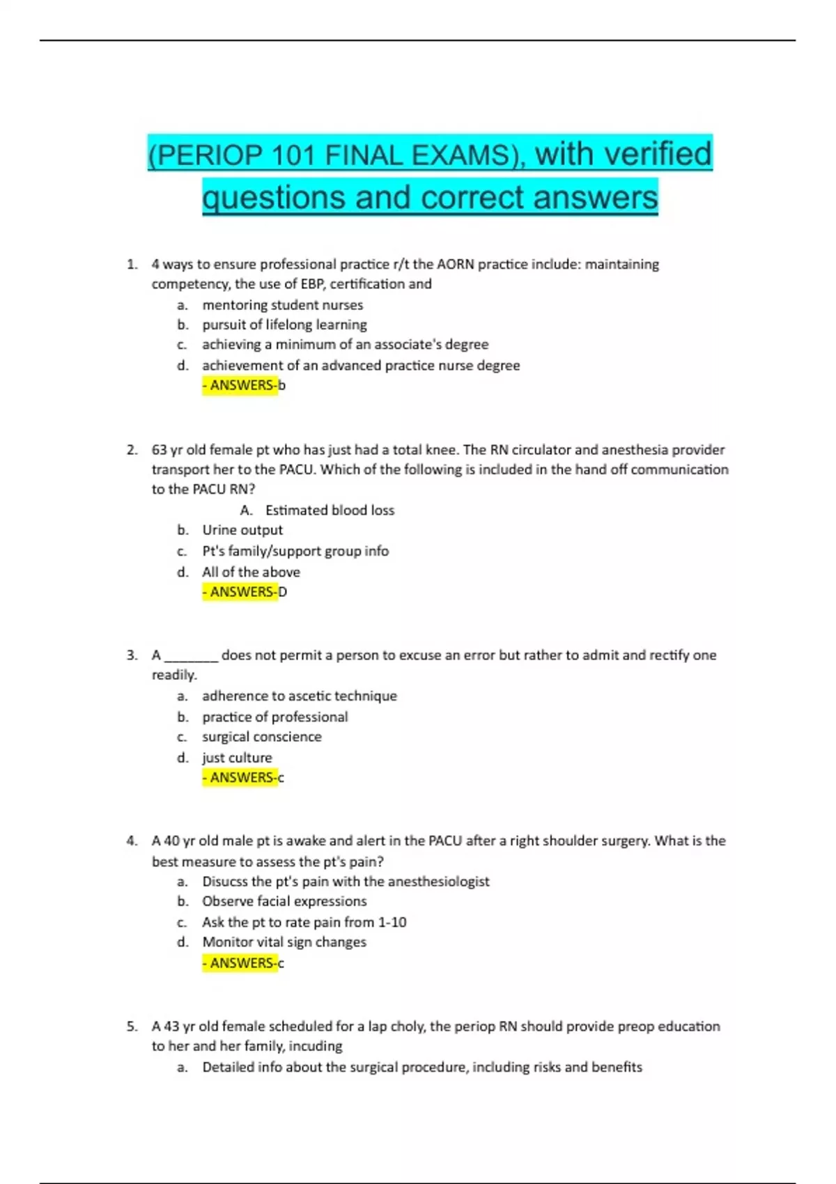 AORN Periop 101 Final Exam (2025 / 2026) Expected Questions and Revised ...