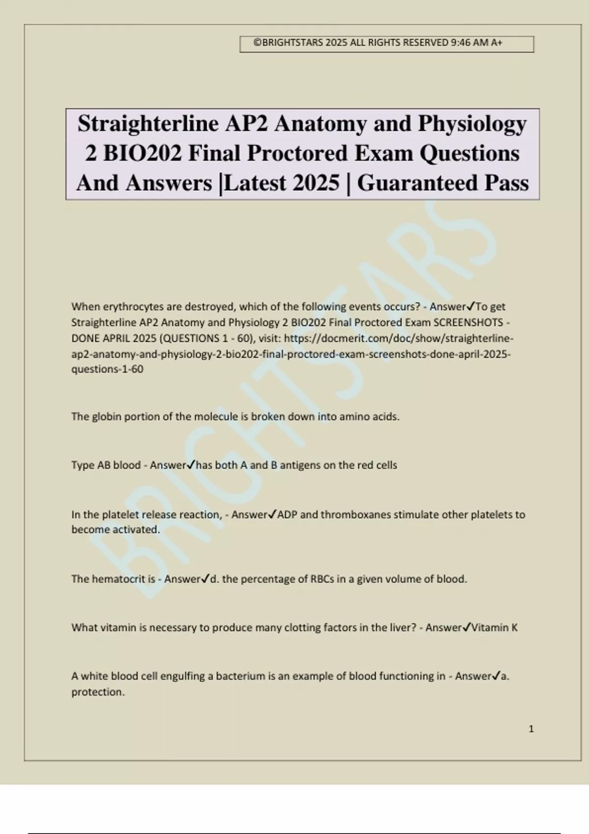 Straighterline AP2 Anatomy and Physiology 2 BIO202 Final Proctored Exam ...
