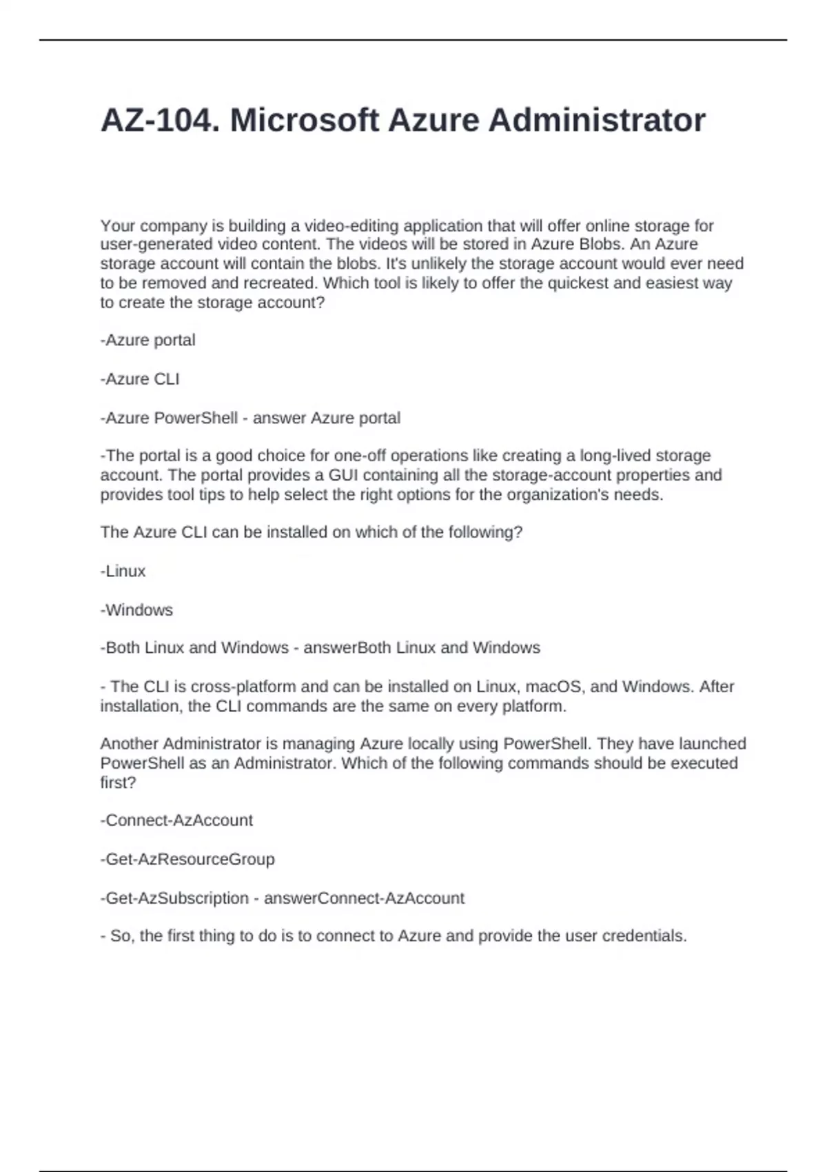 AZ-104. Microsoft Azure Administrator Questions and Answers Graded A+ ...