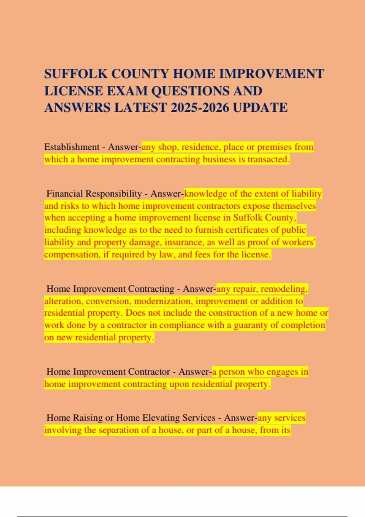 SUFFOLK COUNTY HOME IMPROVEMENT LICENSE EXAM QUESTIONS AND ANSWERS ...