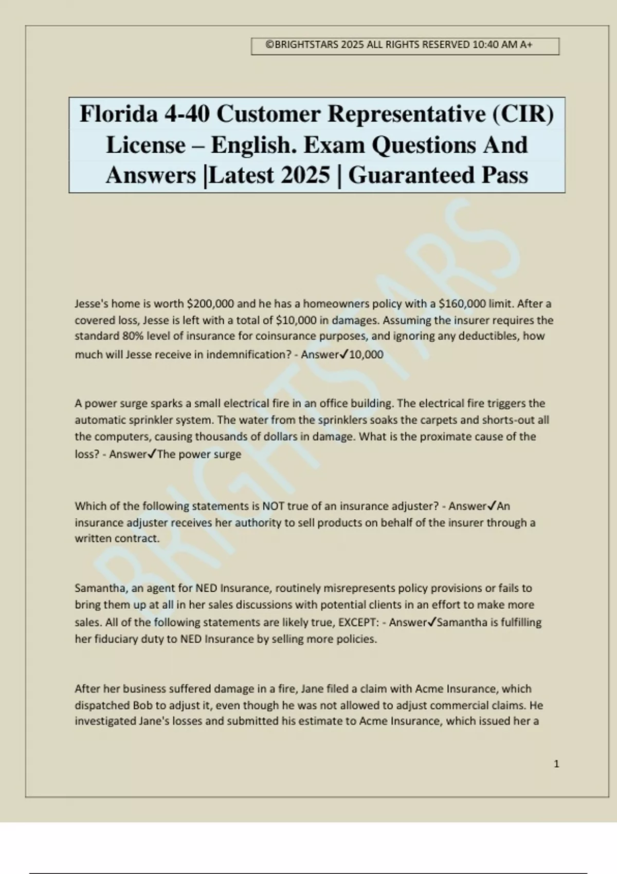Florida 4-40 Customer Representative (CIR) License – English. Exam ...