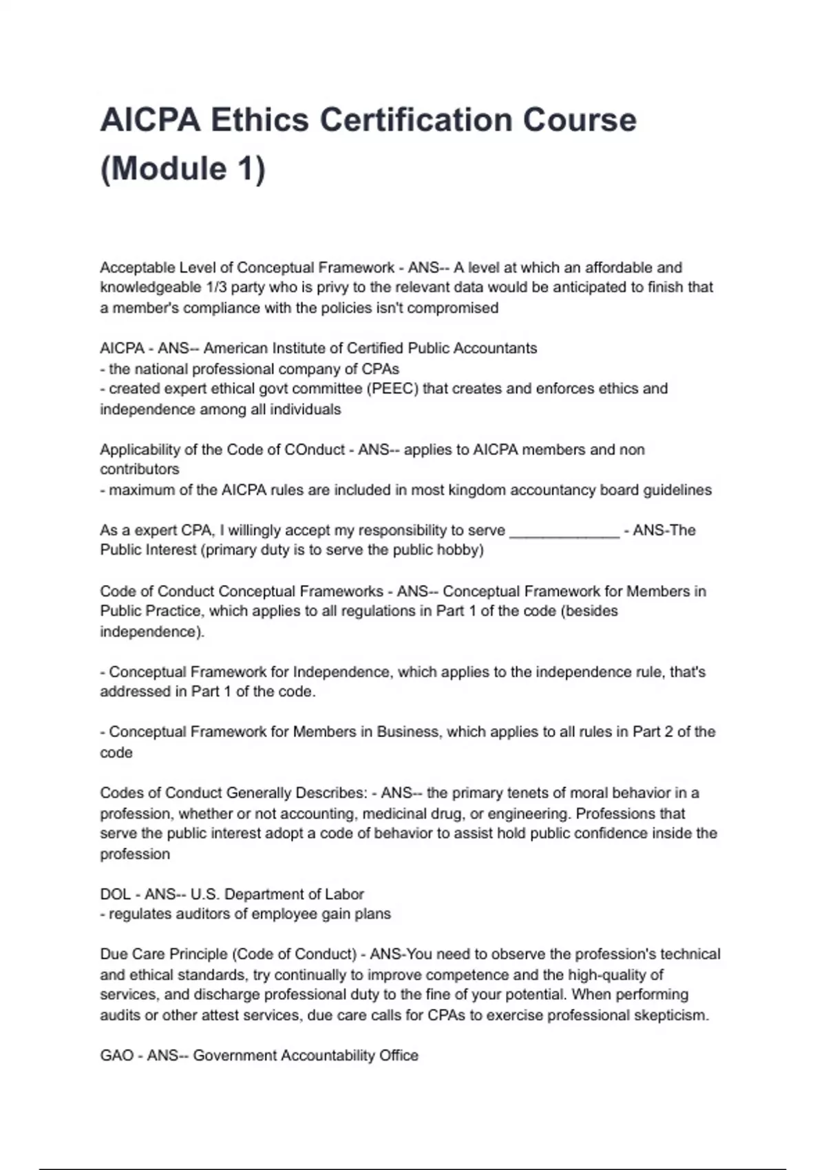 AICPA Ethics Certification Course (Module 1) NEWEST 2025/2026 ACTUAL ...