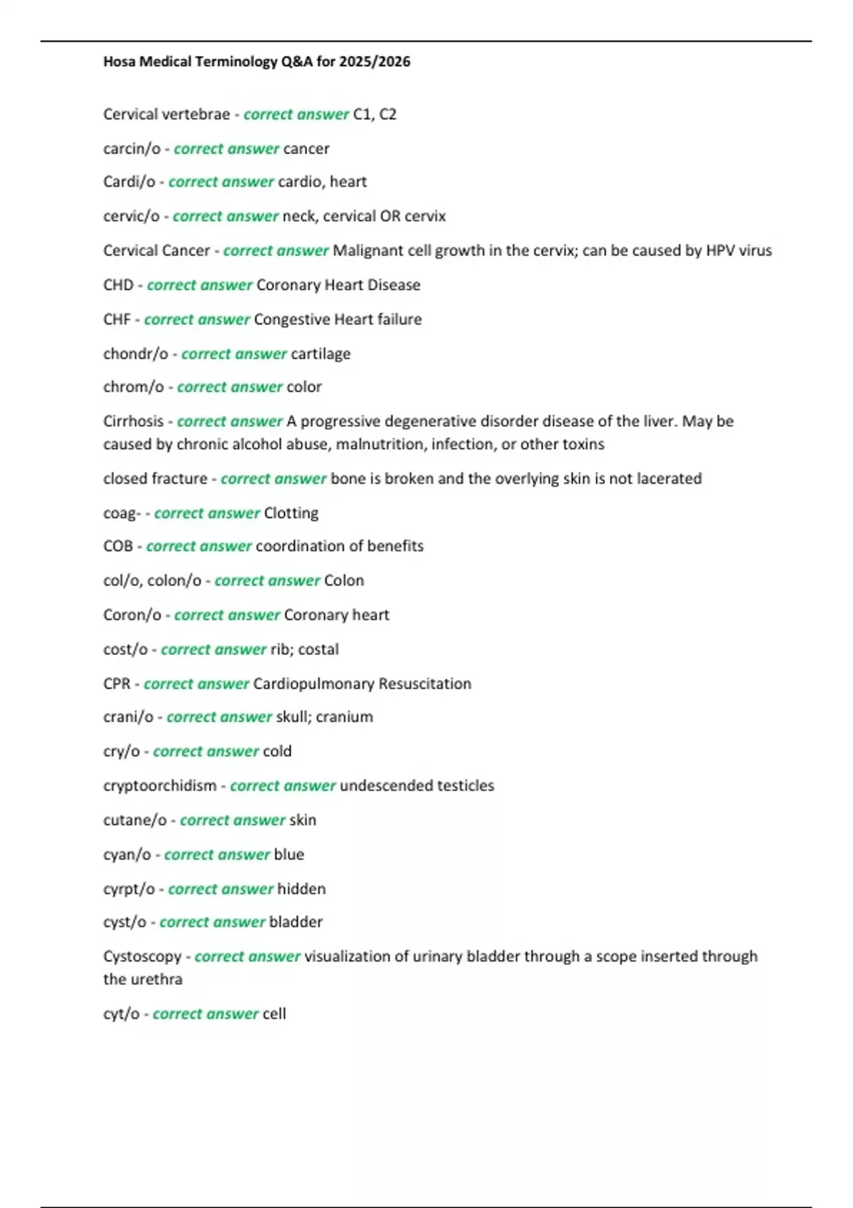 Hosa Medical Terminology Q&A for 2025/2026 - Hosa Medical - Stuvia US