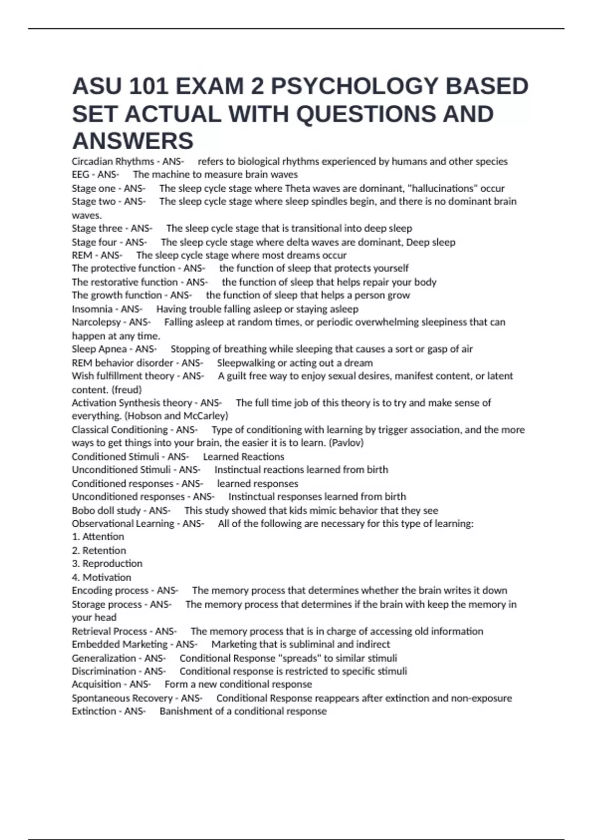 ASU 101 EXAM 2 PSYCHOLOGY BASED SET ACTUAL WITH QUESTIONS AND ANSWERS ...