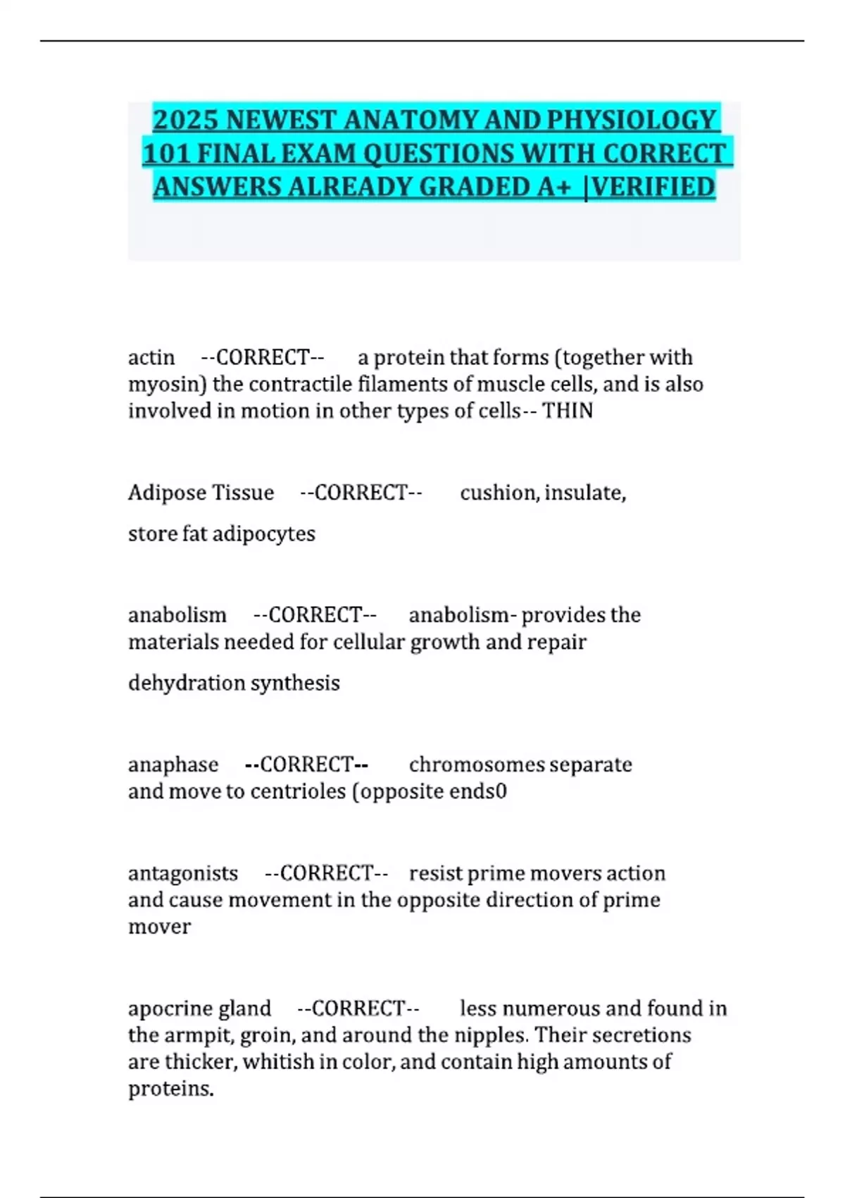 2025 NEWEST ANATOMY AND PHYSIOLOGY 101 FINAL EXAM QUESTIONS WITH ...