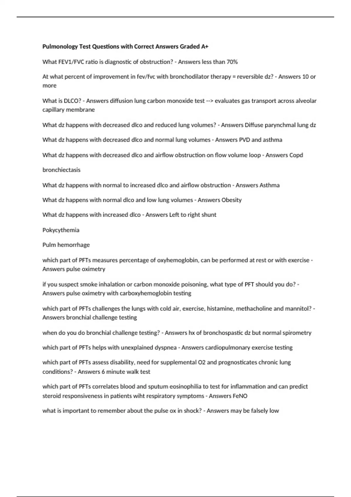 Pulmonology Test Questions with Correct Answers Graded A+ - Pulmonology - Stuvia US