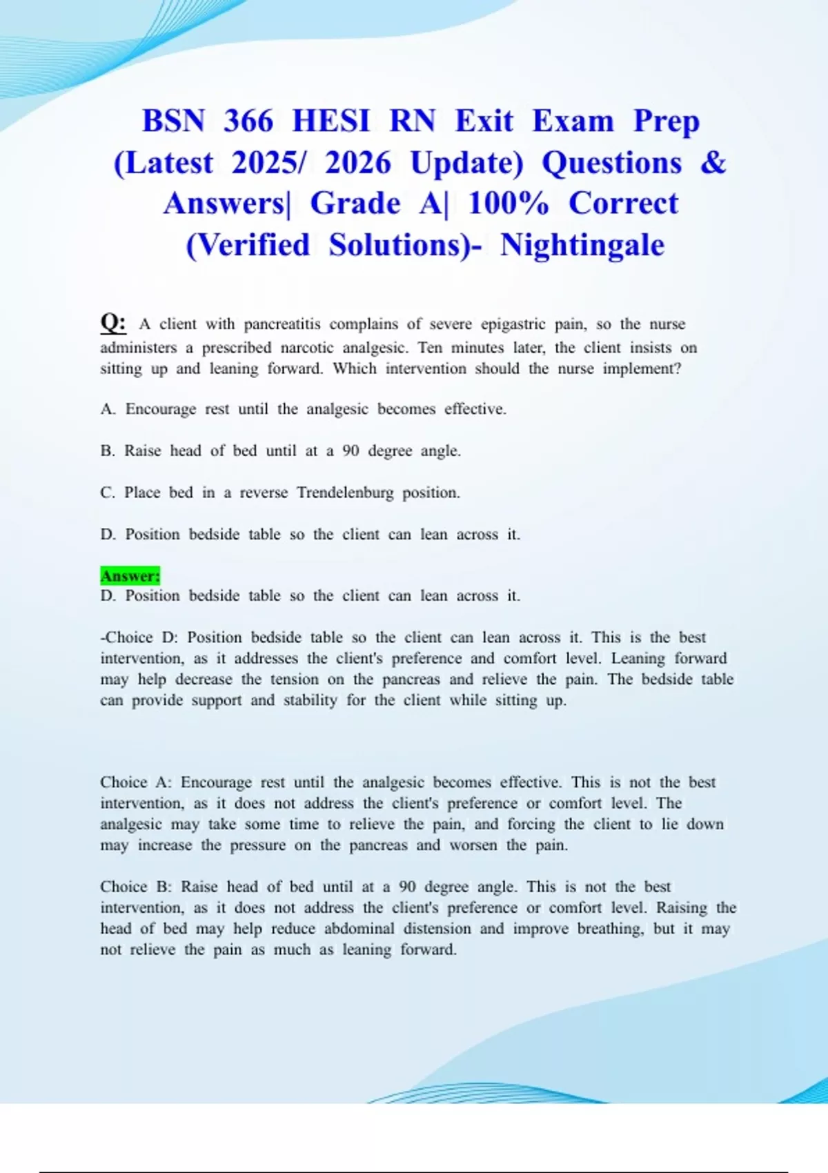 BSN 366 HESI RN Exit Exam Prep (Latest 2025/ 2026 Update) Questions ...