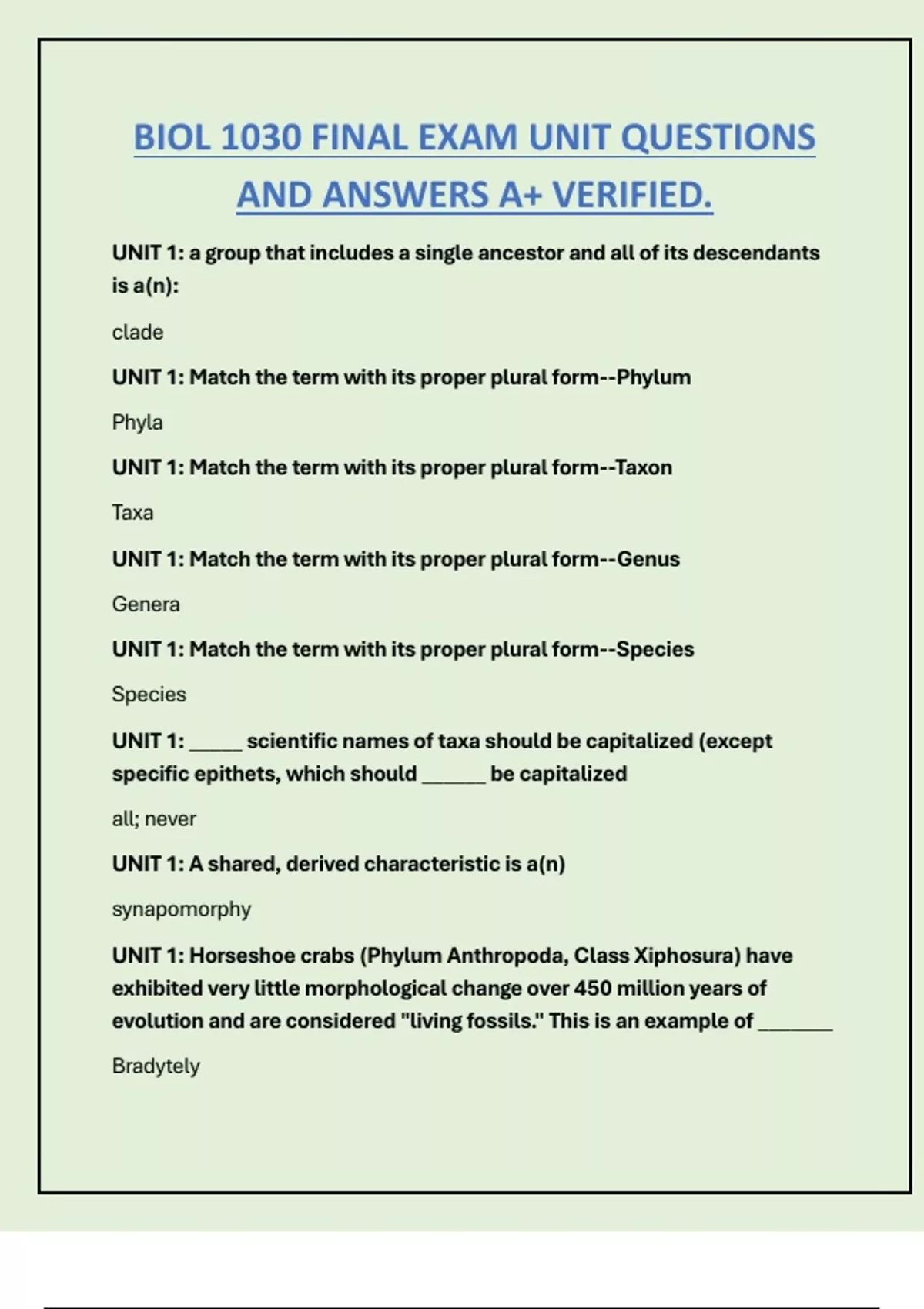 BIOL 1030 FINAL EXAM UNIT QUESTIONS AND ANSWERS A+ VERIFIED. - BIOL ...