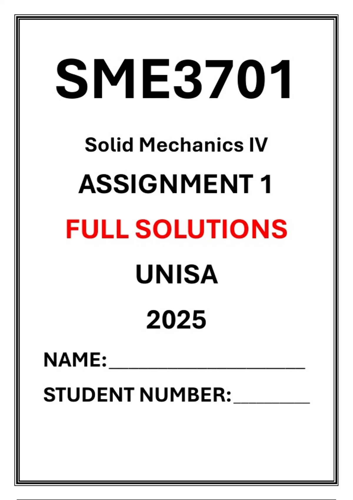SME3701 Assignment 1 Complete Solutions UNISA 2025 Solid Mechanics IV ...