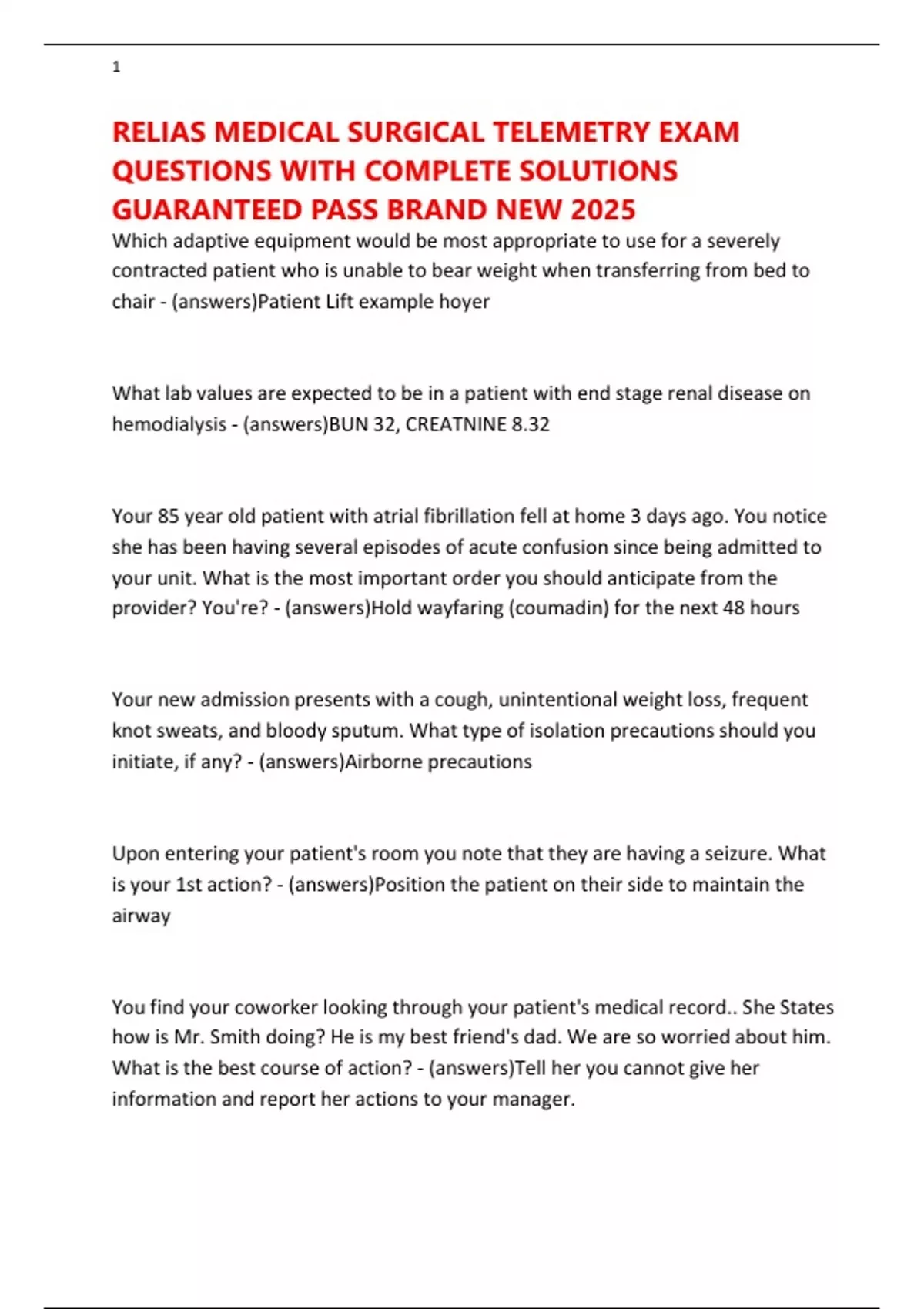 RELIAS MEDICAL SURGICAL TELEMETRY EXAM QUESTIONS WITH COMPLETE ...