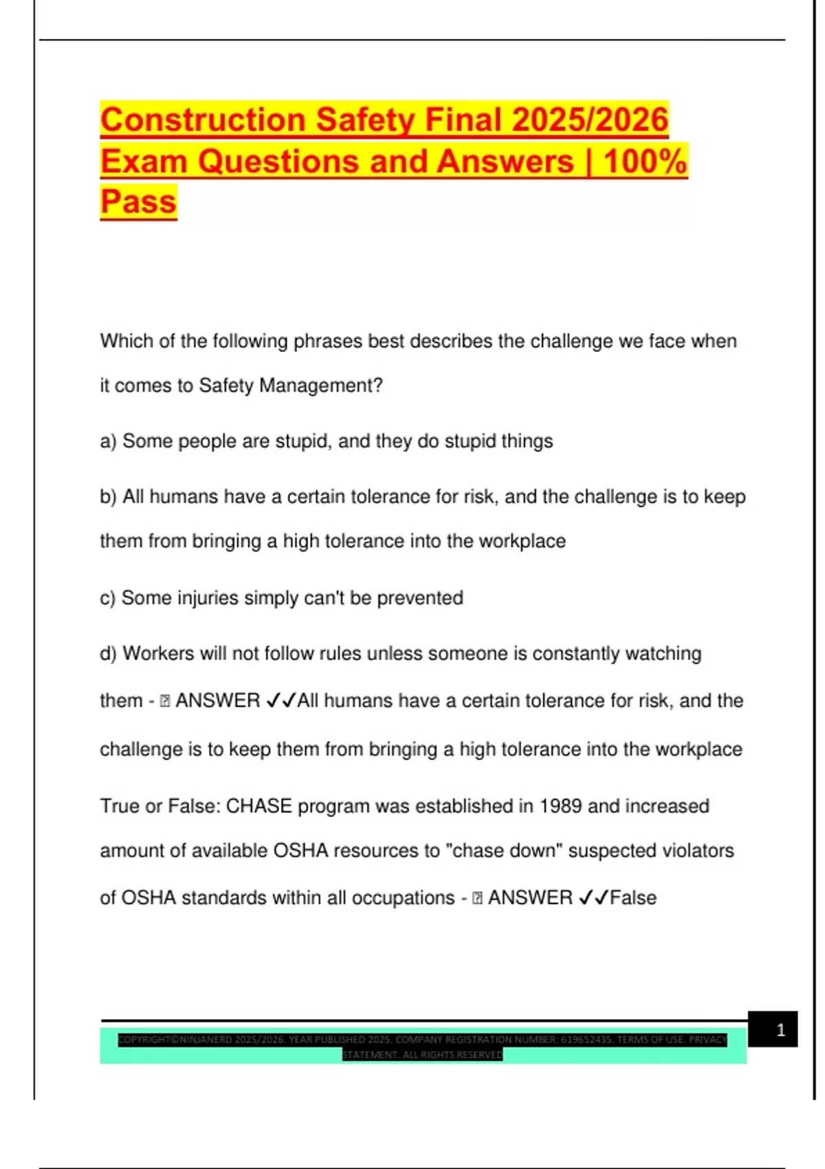 Construction Safety Final 2025/2026 Exam Questions and Answers | 100% ...