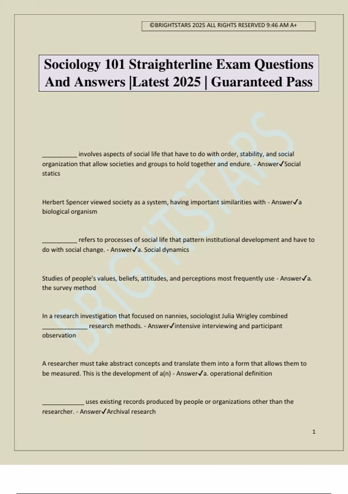 Sociology 101 Straighterline Exam Questions And Answers |Latest 2025 ...
