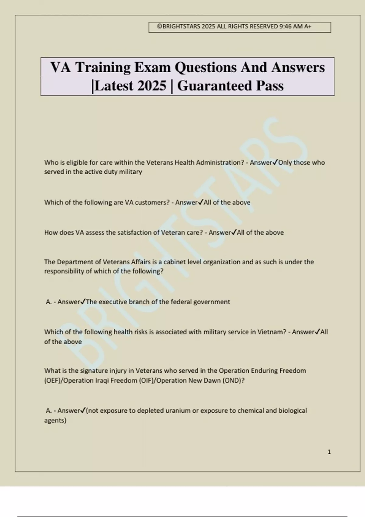 Va Course VA Training Exam Questions And Answers |Latest 2025 | Guaranteed Pass ...