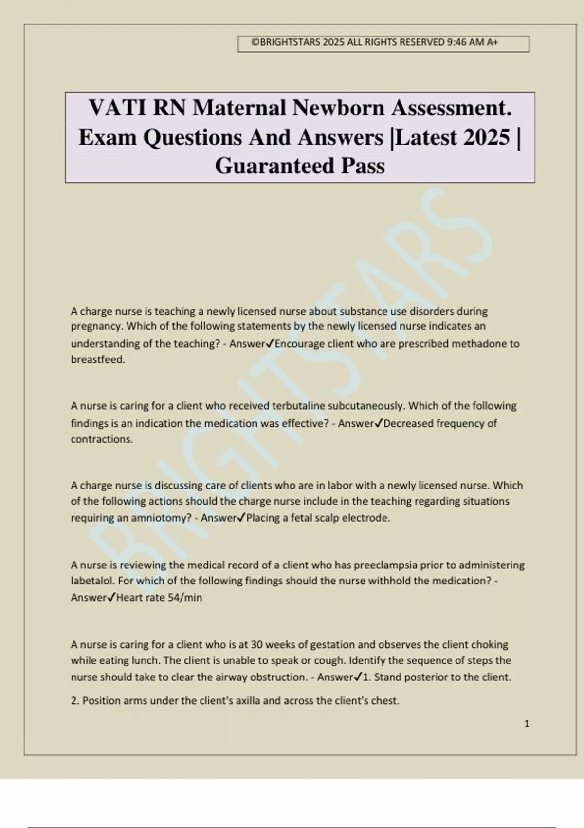 VATI RN Maternal Newborn Assessment. Exam Questions And Answers |Latest 2025 | Guaranteed Pass ...