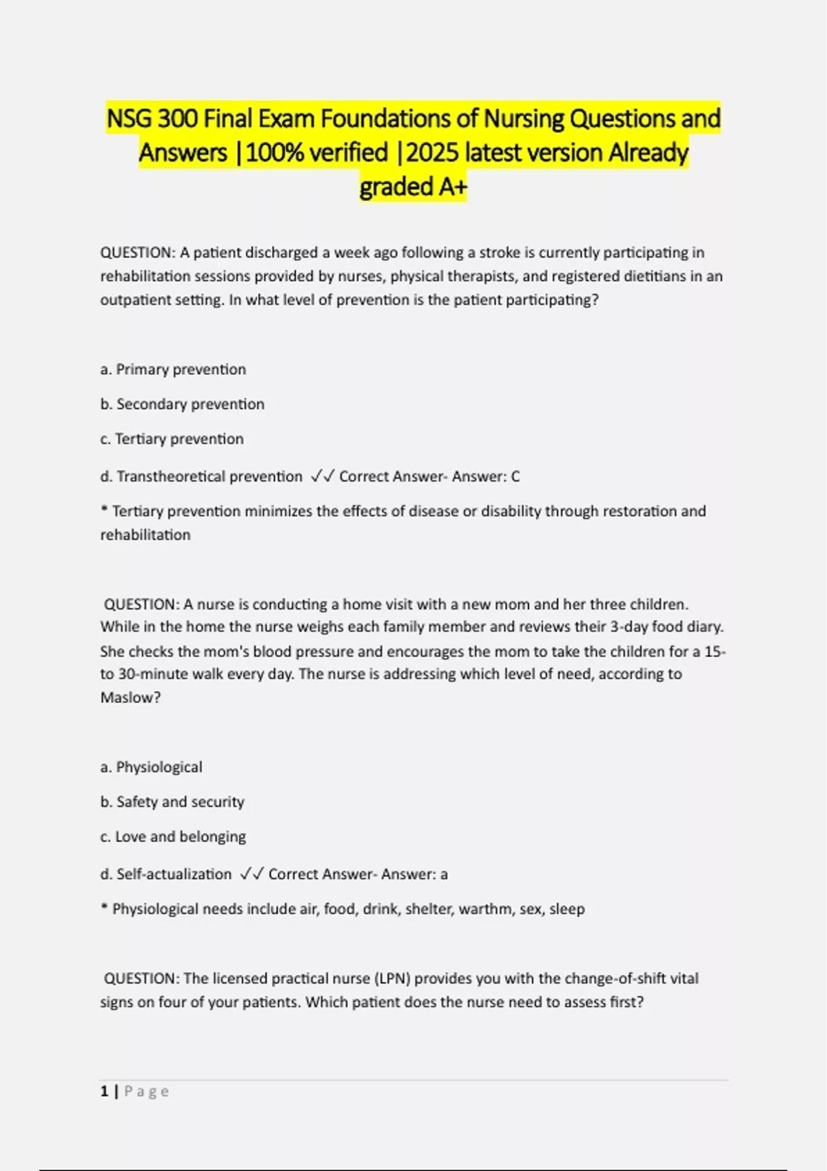 NSG 300 Final Exam Foundations of Nursing Questions and Answers |100% ...