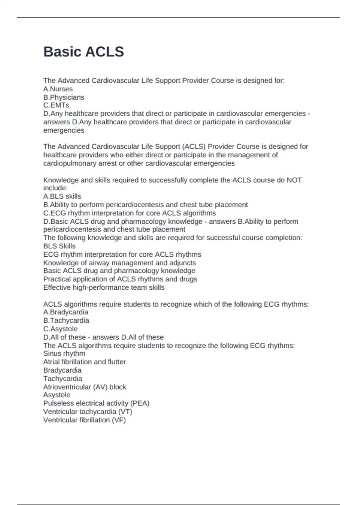 Basic ACLS best questions and answers - Acls - Stuvia US