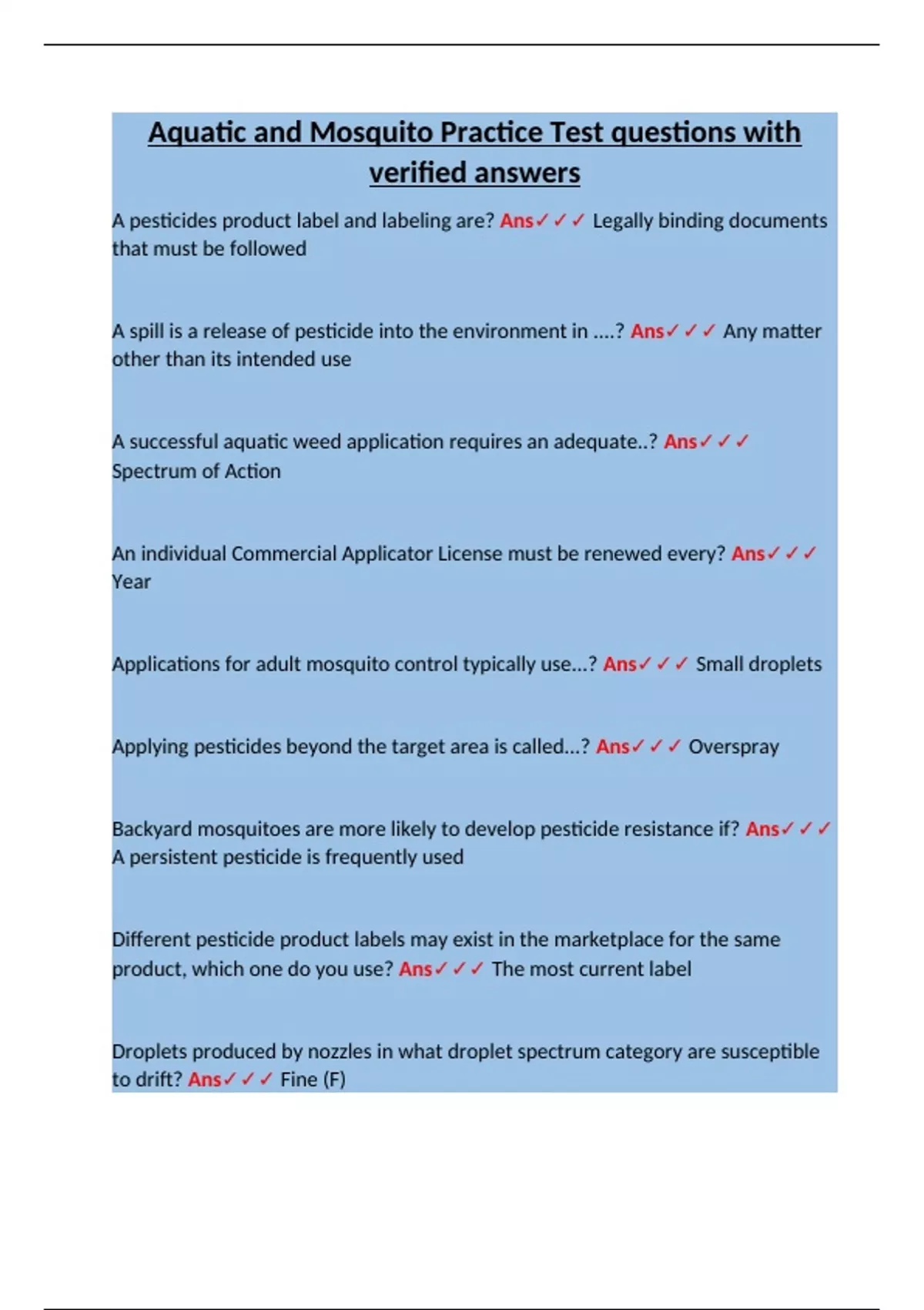 Aquatic and Mosquito Practice Test questions with verified answers ...