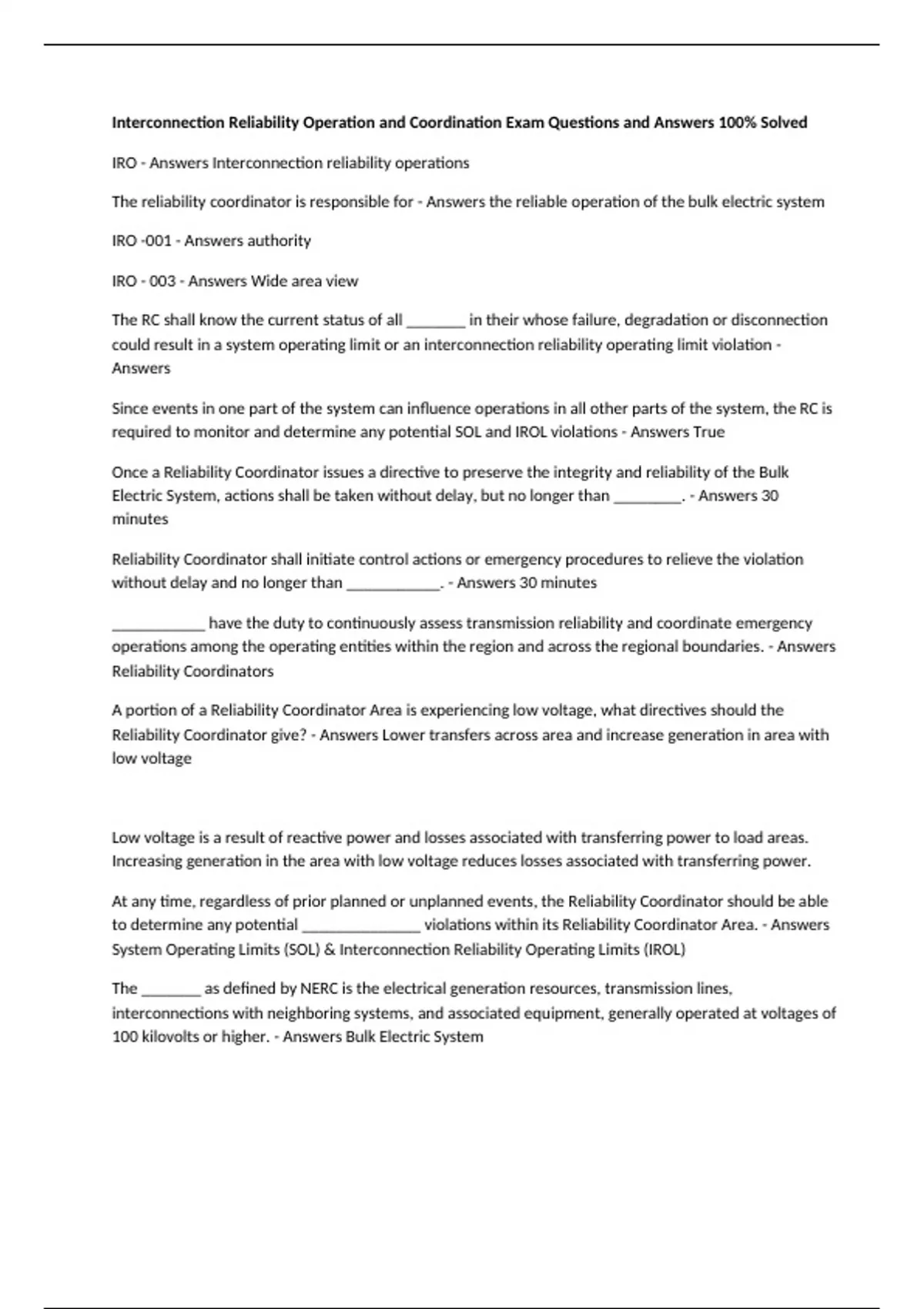 Reliability Exam Question Interconnection Reliability Operation and Coordination Exam Questions ...