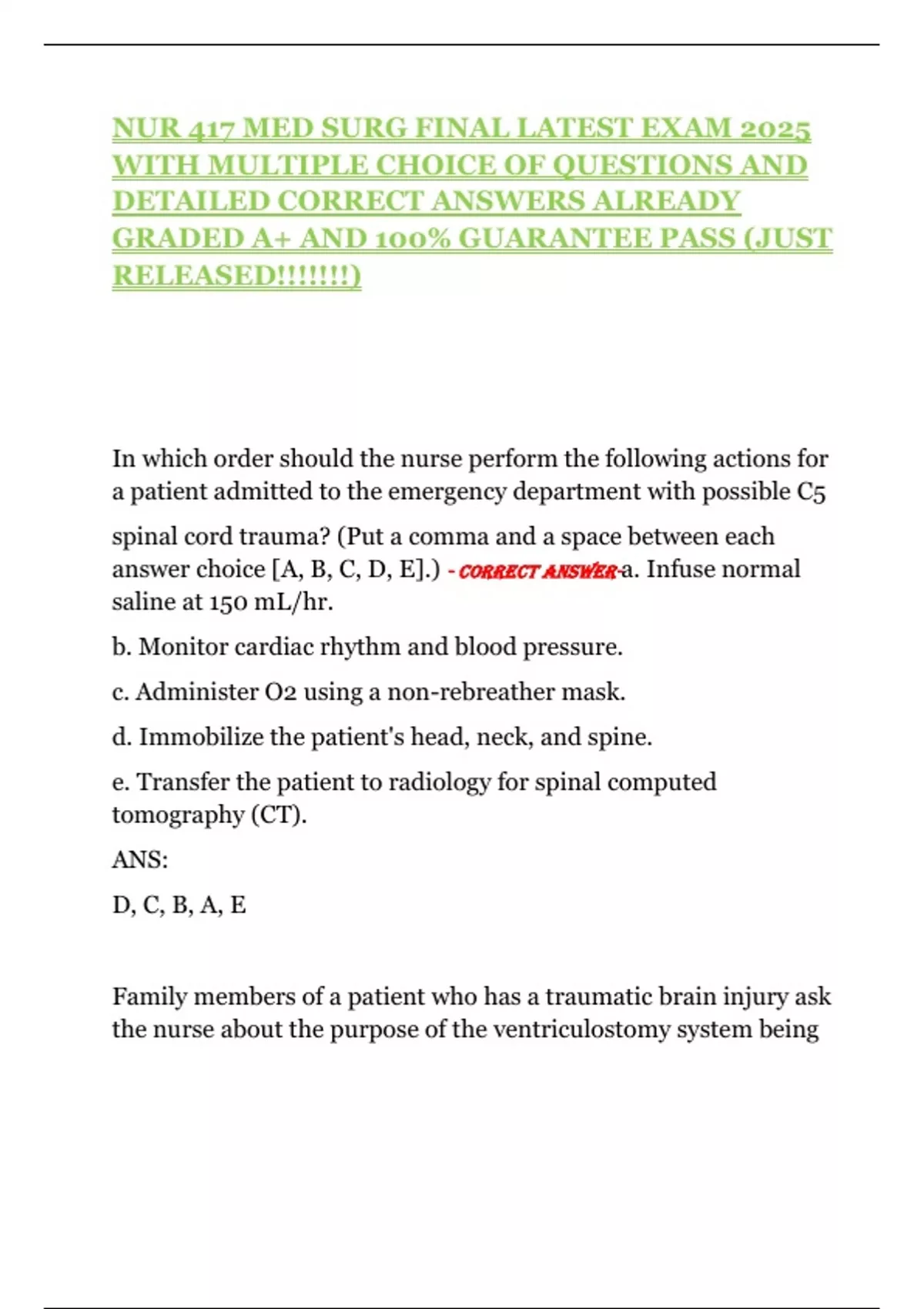 NUR 417 MED SURG FINAL LATEST EXAM 2025 WITH MULTIPLE CHOICE OF ...