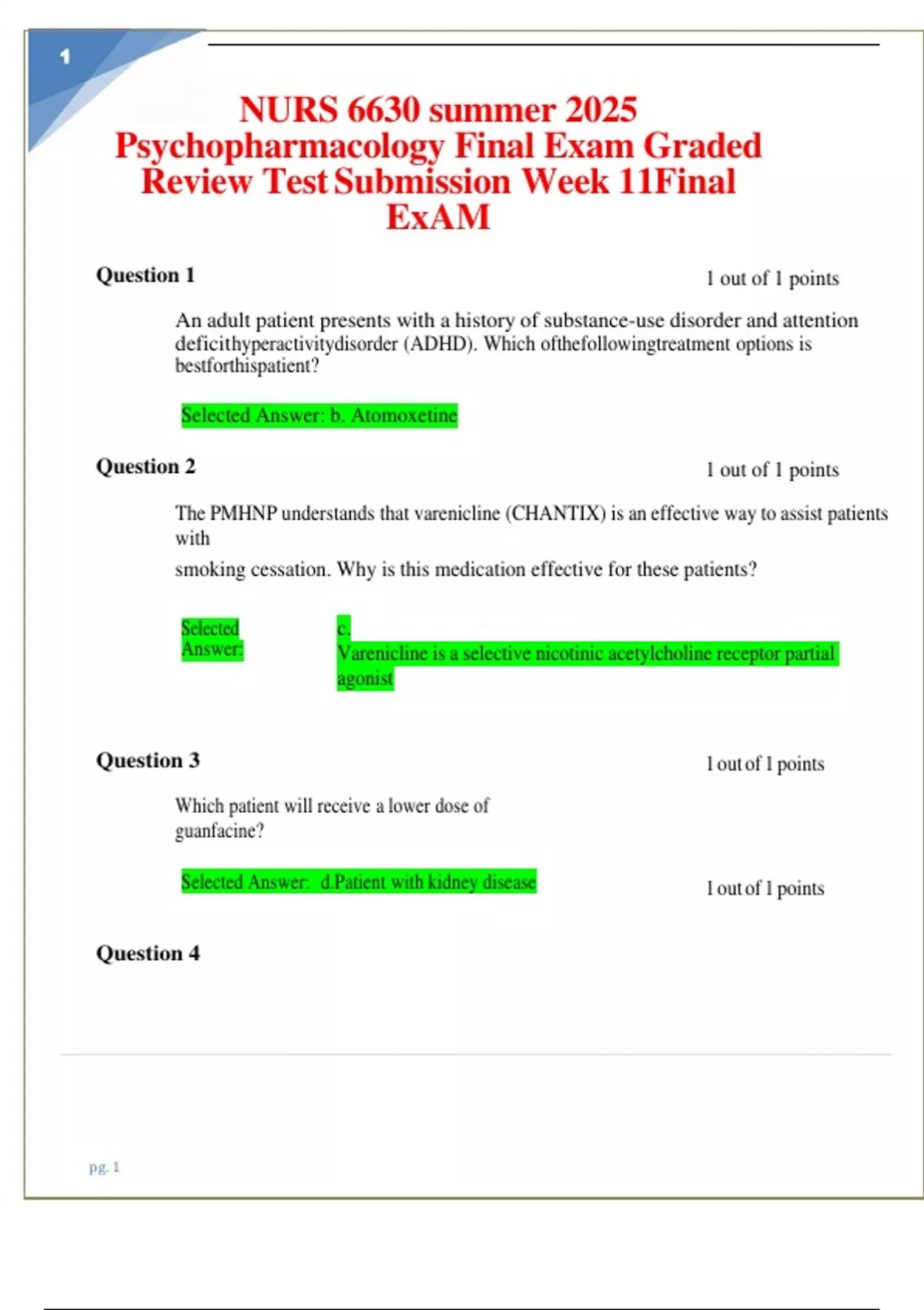 NURS 6630 summer 2025 Psychopharmacology Final Exam Graded Review Test ...