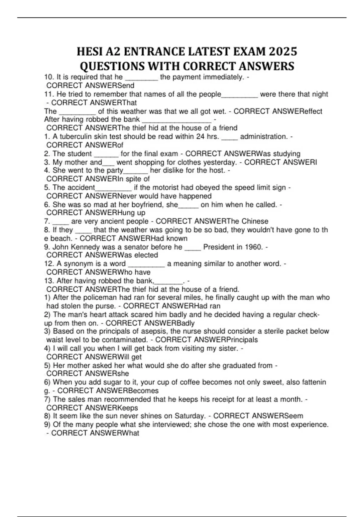 HESI A2 ENTRANCE LATEST EXAM 2025 QUESTIONS WITH CORRECT ANSWERS - Hesi ...