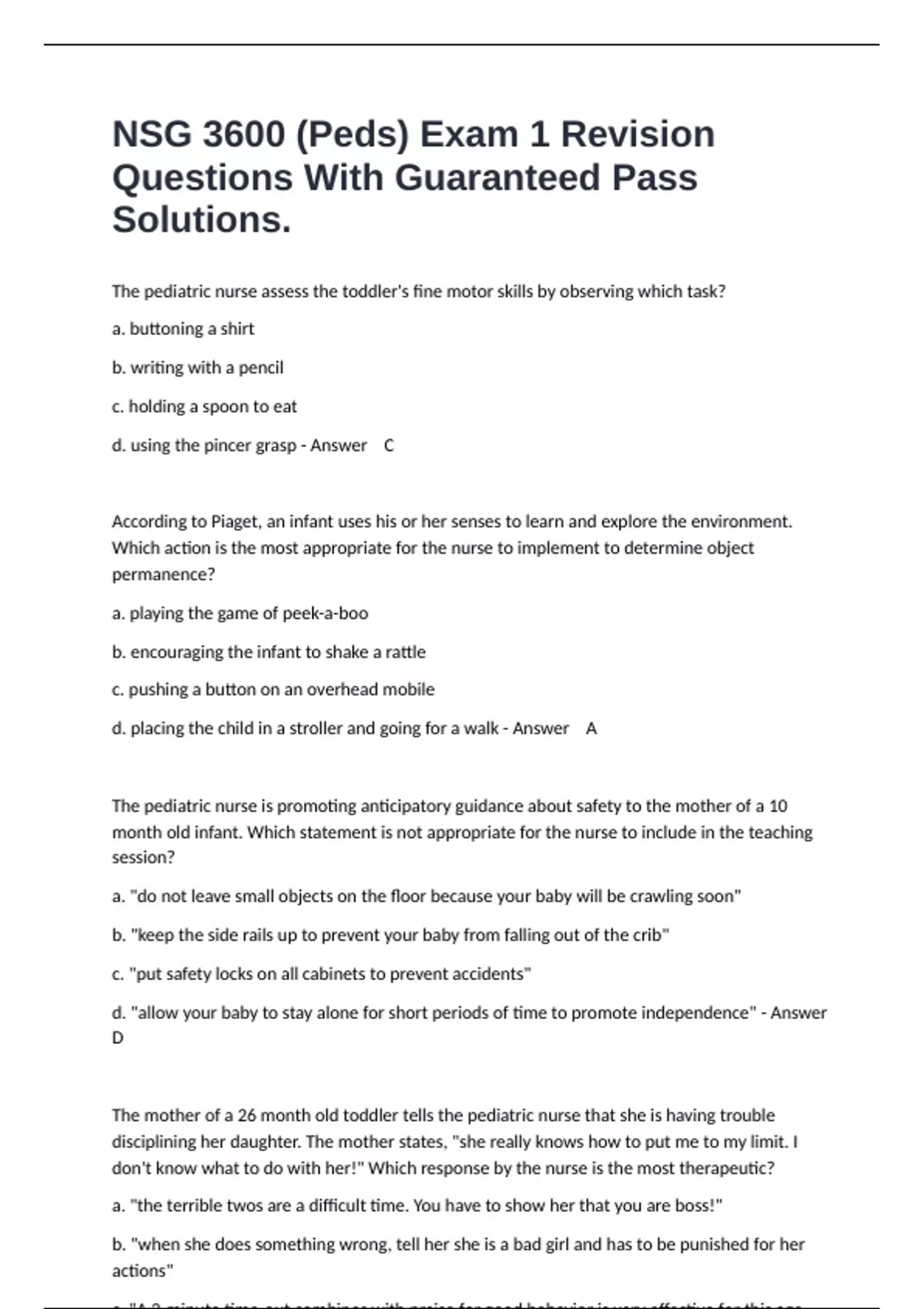 NSG 3600 (Peds) Exam 1 Revision Questions With Guaranteed Pass ...