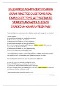 SALESFORCE ADMIN CERTIFICATION EXAM PRACTICE QUESTIONS REAL EXAM QUESTIONS WITH DETAILED VERIFIED ANSWERS ALREADY GRADED A&plus; GUARANTEED PASS