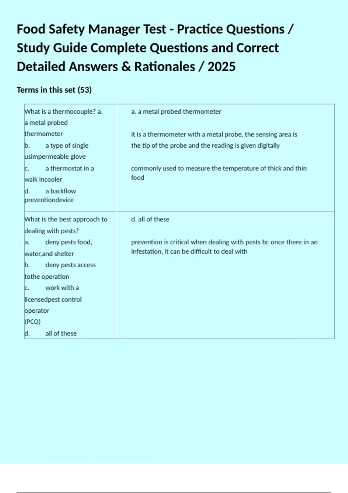 Food Safety Manager Test - Practice Questions / Study Guide Complete ...