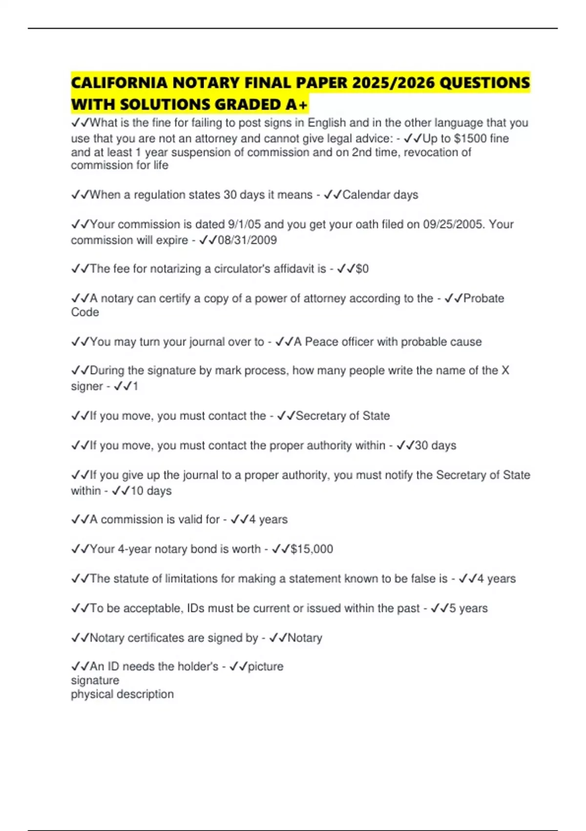 Notri Paper CALIFORNIA NOTARY FINAL PAPER 2025/2026 QUESTIONS WITH SOLUTIONS GRADED ...