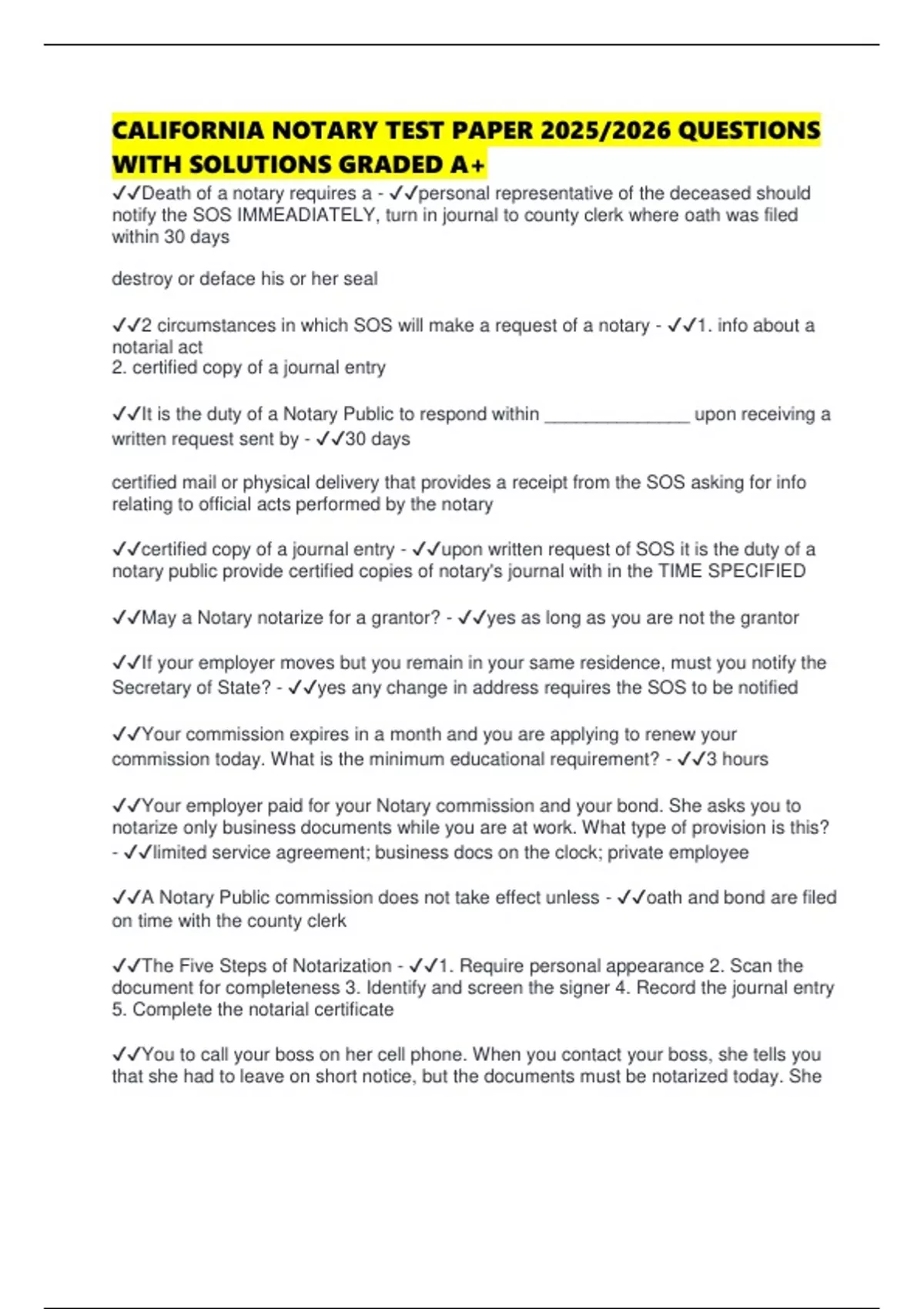 Notri Paper CALIFORNIA NOTARY TEST PAPER 2025/2026 QUESTIONS WITH SOLUTIONS GRADED ...