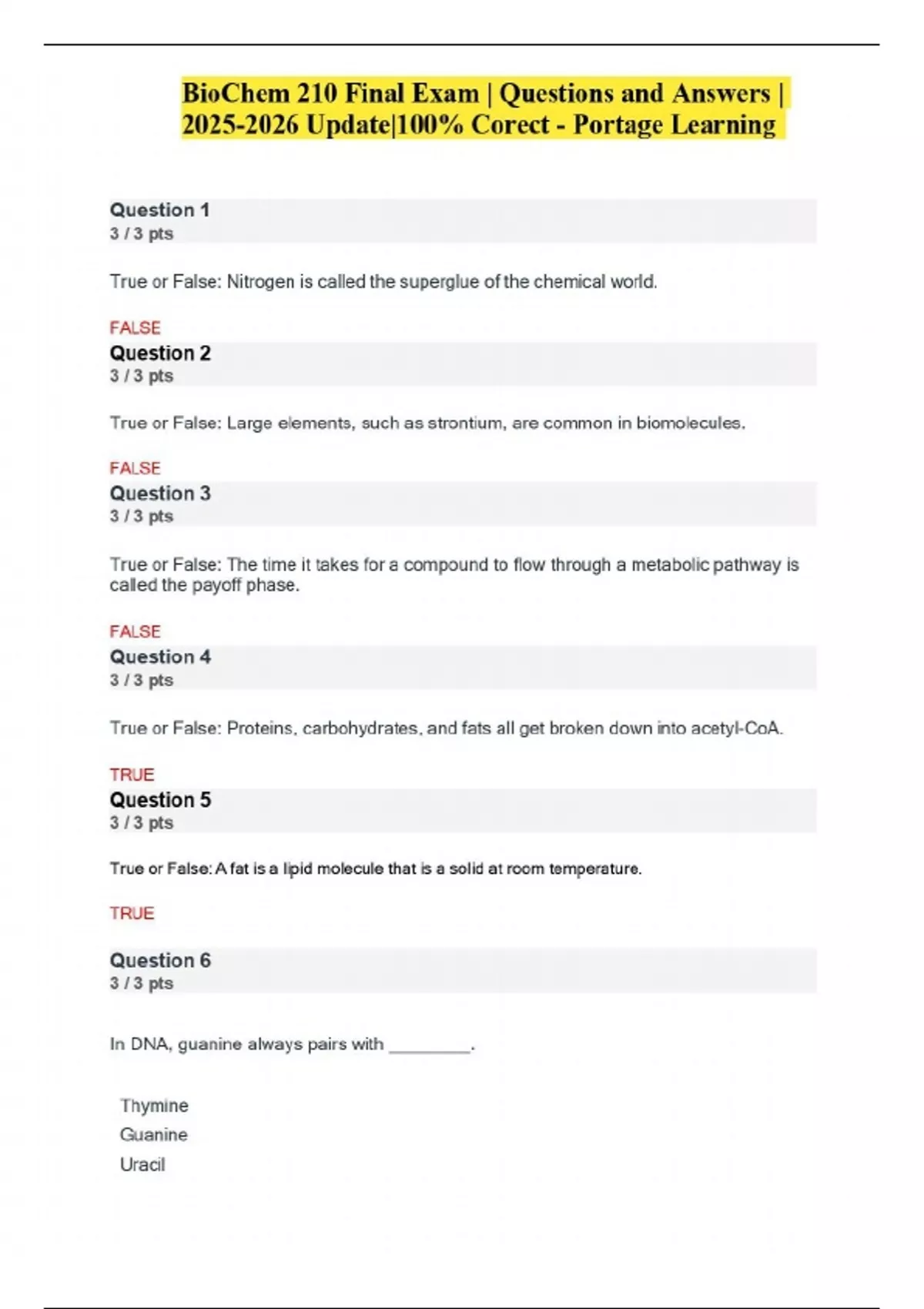 BioChem 210 Final Exam | Questions and Answers | Update|100% Correct ...