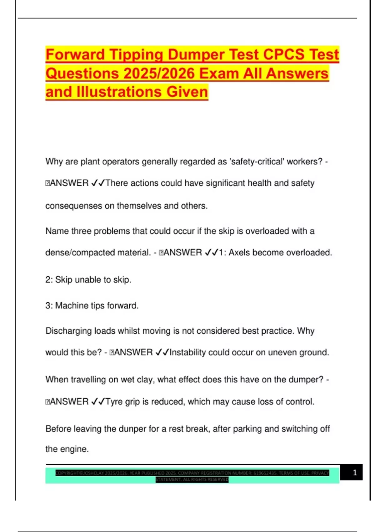 Forward Tipping Dumper Test CPCS Test Questions 2025/2026 Exam All ...