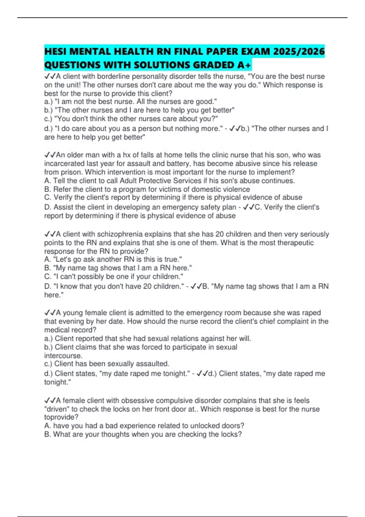 HESI MENTAL HEALTH RN FINAL PAPER EXAM 2025/2026 QUESTIONS WITH ...