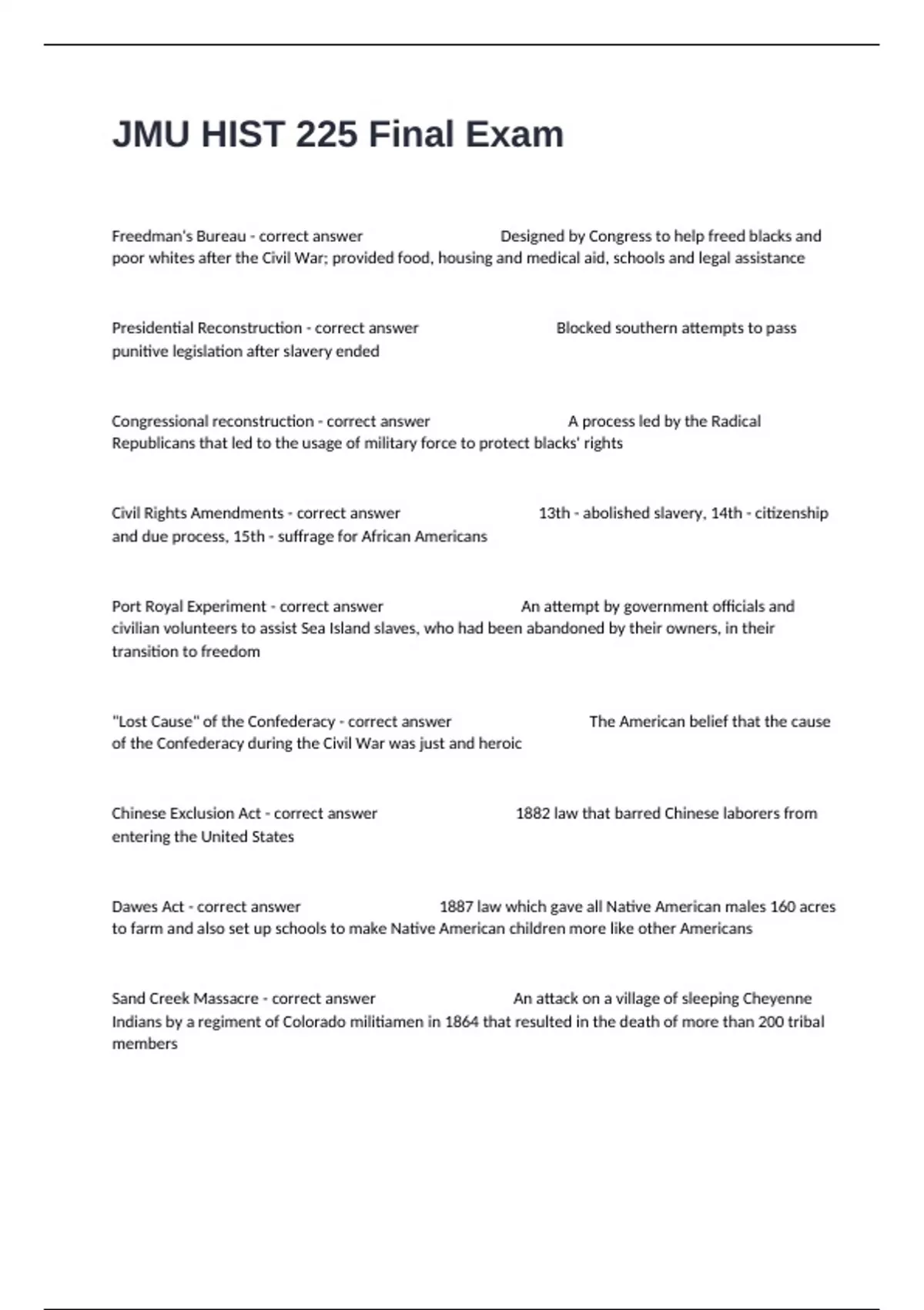 JMU HIST 225 Final Exam Complete Questions And Answers Verified Correct ...