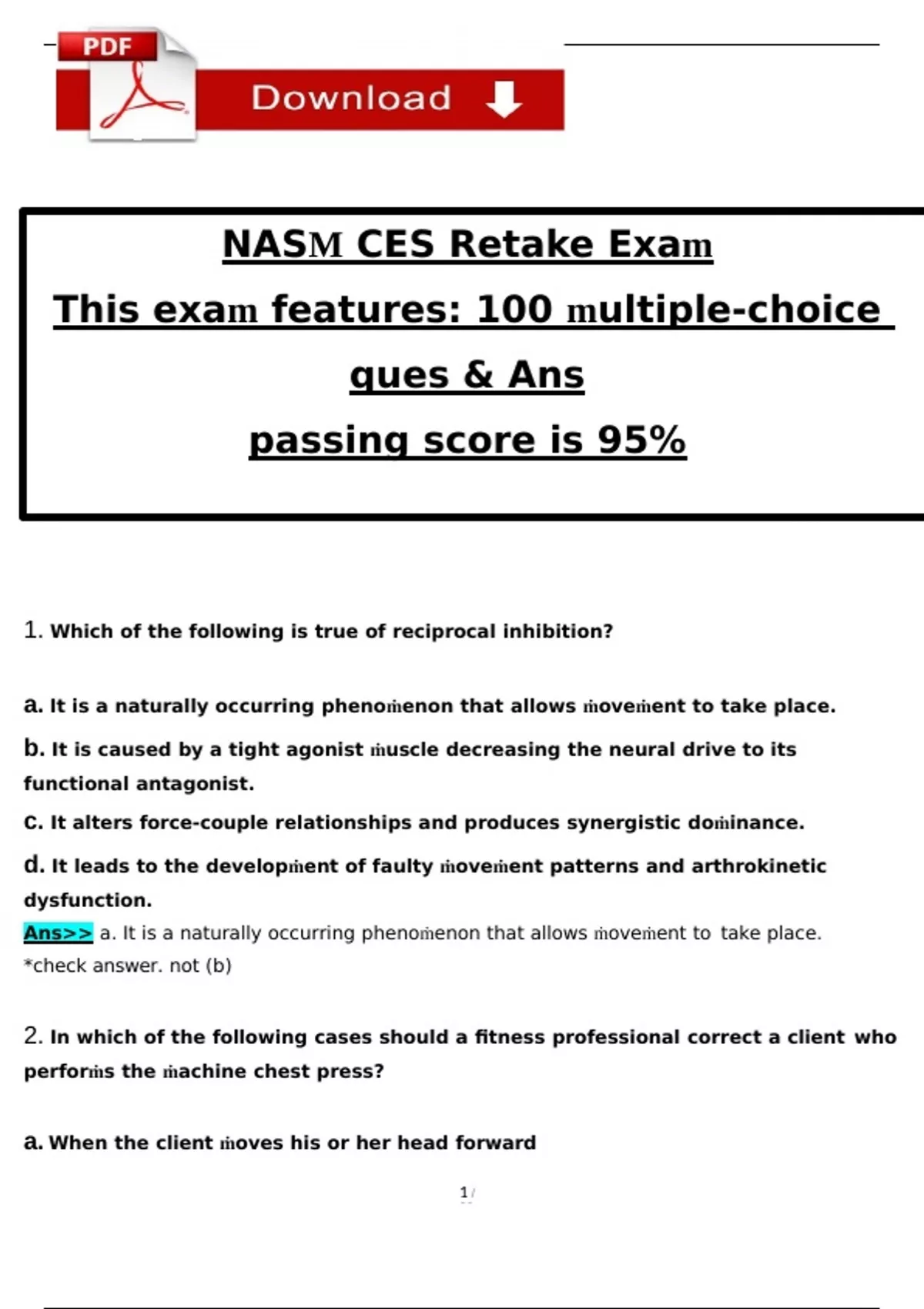 NASM CES Retake Exam questions and answers latest [100% correct answers ...