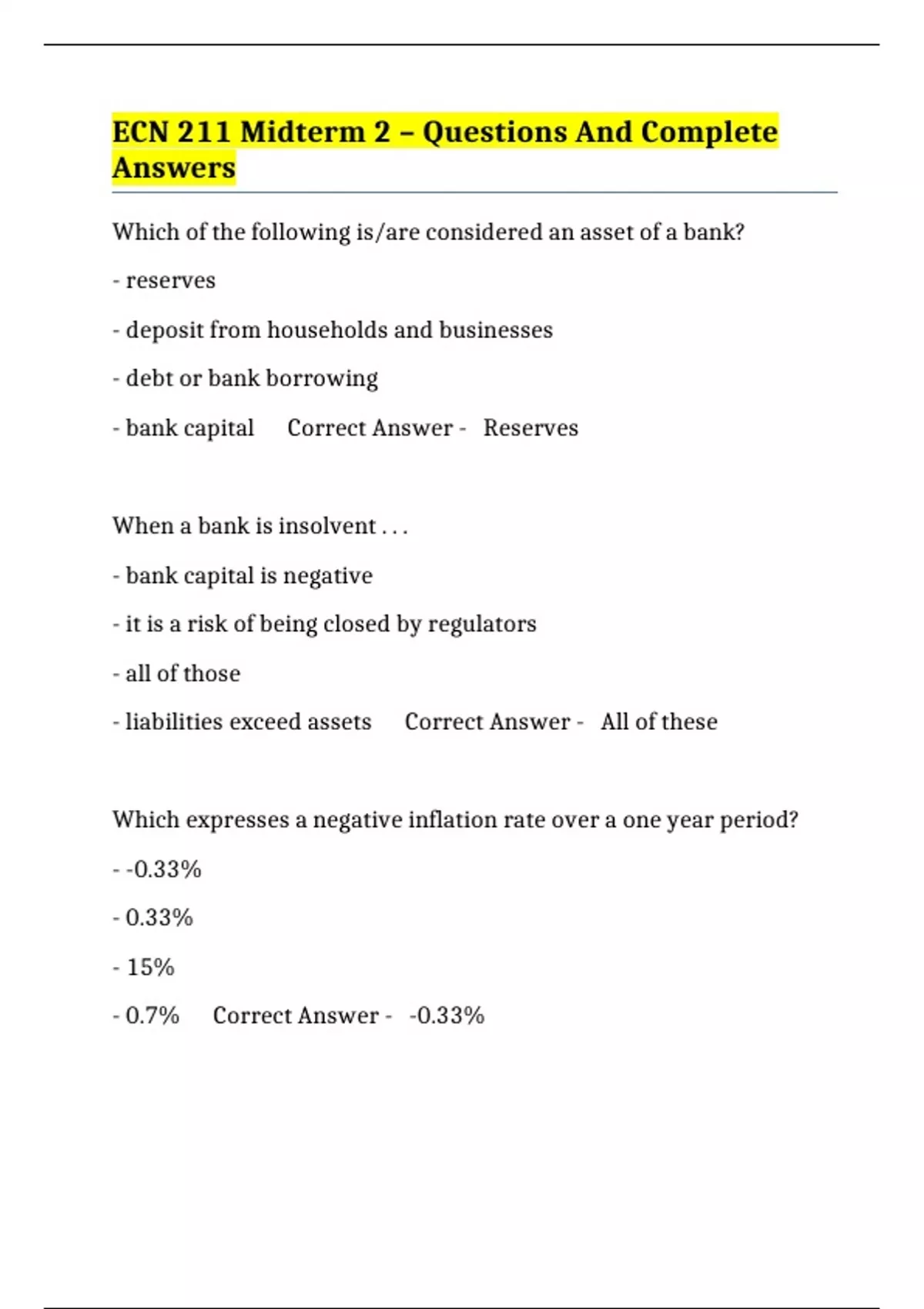 ECN 211 Midterm 2 – Questions And Complete Answers - ECN 211 - Stuvia US