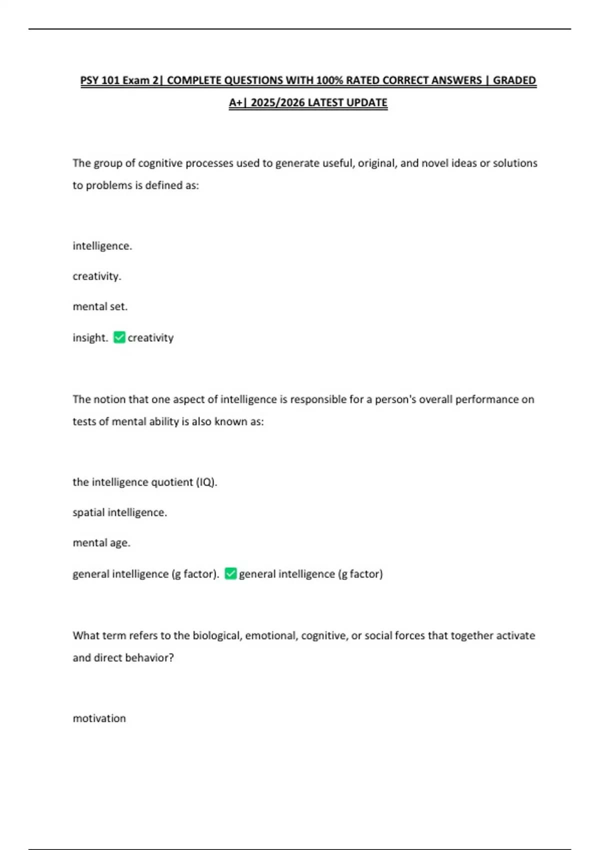 PSY 101 Exam 2| COMPLETE QUESTIONS WITH 100% RATED CORRECT ANSWERS ...