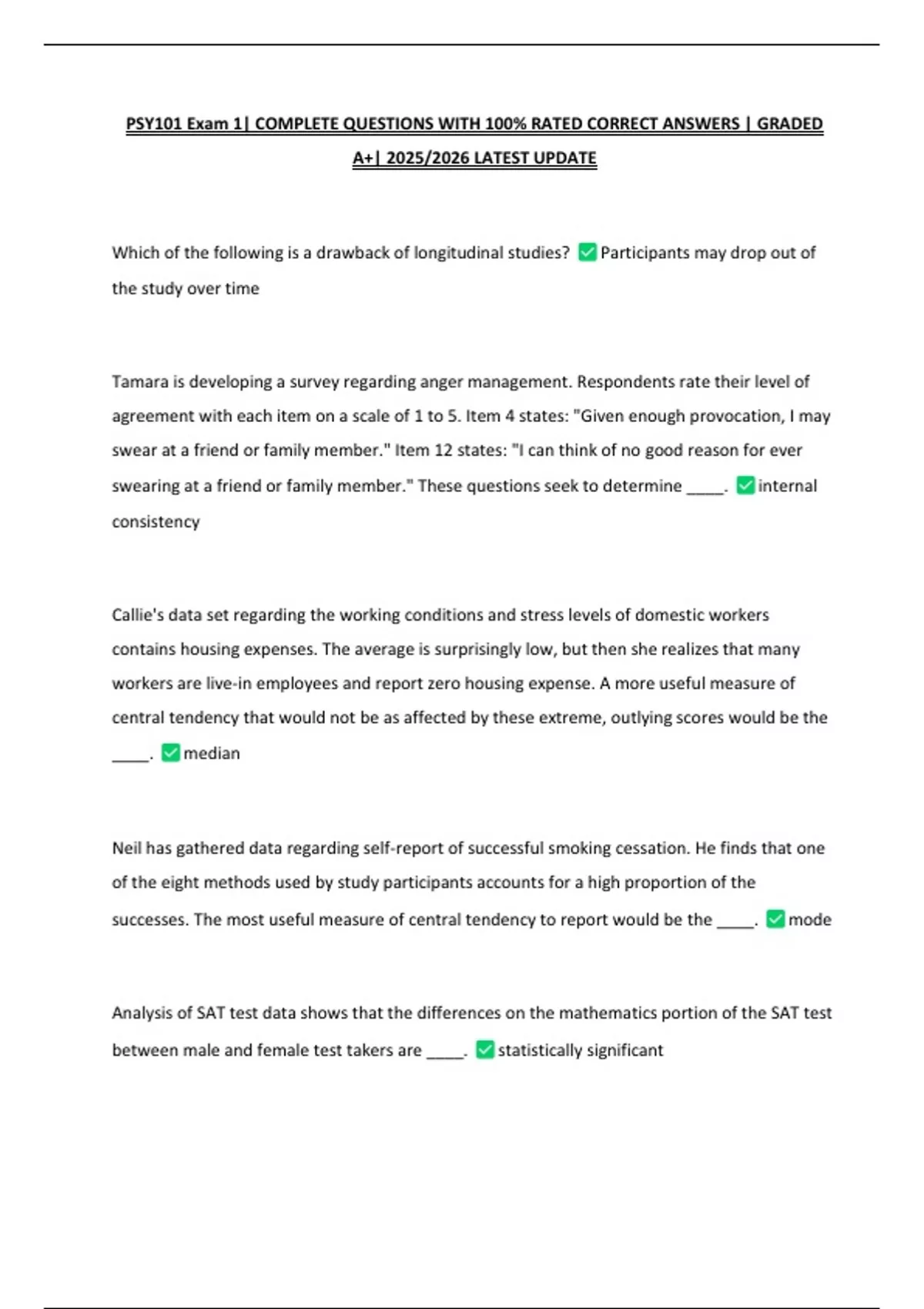 PSY101 Exam 1| COMPLETE QUESTIONS WITH 100% RATED CORRECT ANSWERS ...