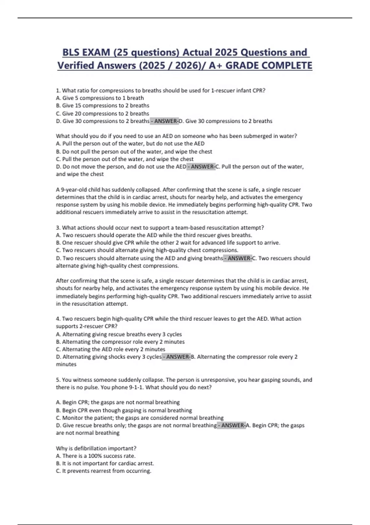 BLS EXAM(25 questions) Actual 2025 Questions and Verified Answers (2025 ...