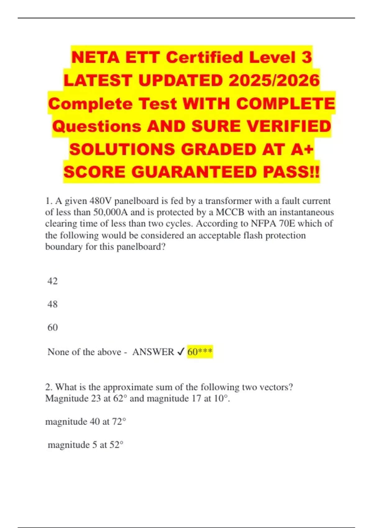 NETA ETT Certified Level 3 LATEST UPDATED 2025/2026 Complete Test WITH ...