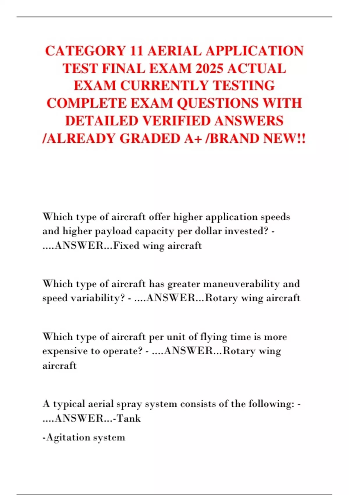 CATEGORY 11 AERIAL APPLICATION TEST FINAL EXAM 2025 ACTUAL EXAM ...