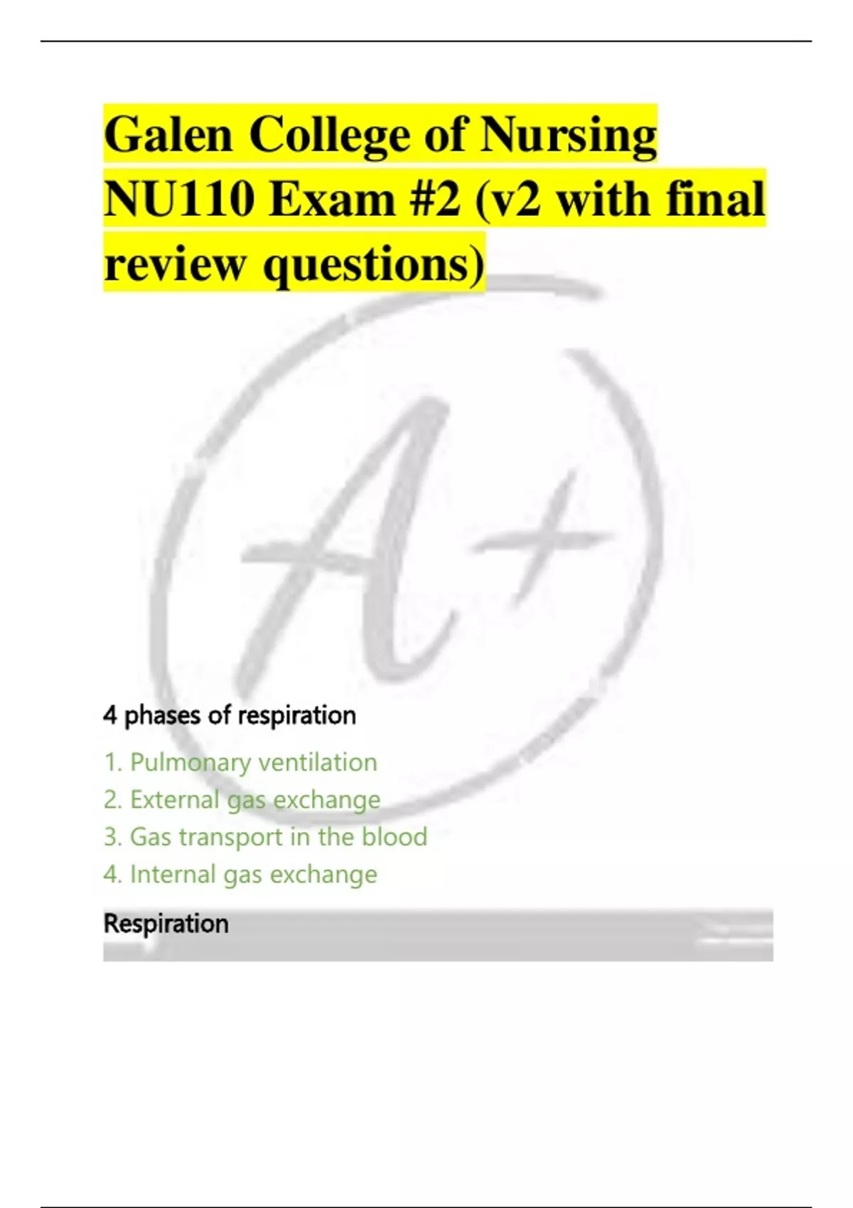 Galen College of Nursing NU110 Exam #2 (v2 with final review questions ...