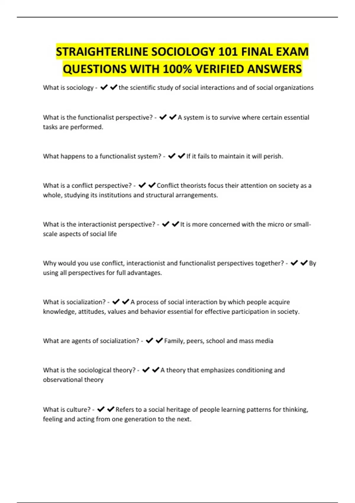 SOCIOLOGY 101 STRAIGHT LINE EXAMS BUNDLE | QUESTIONS WITH 100% CORRECT ...