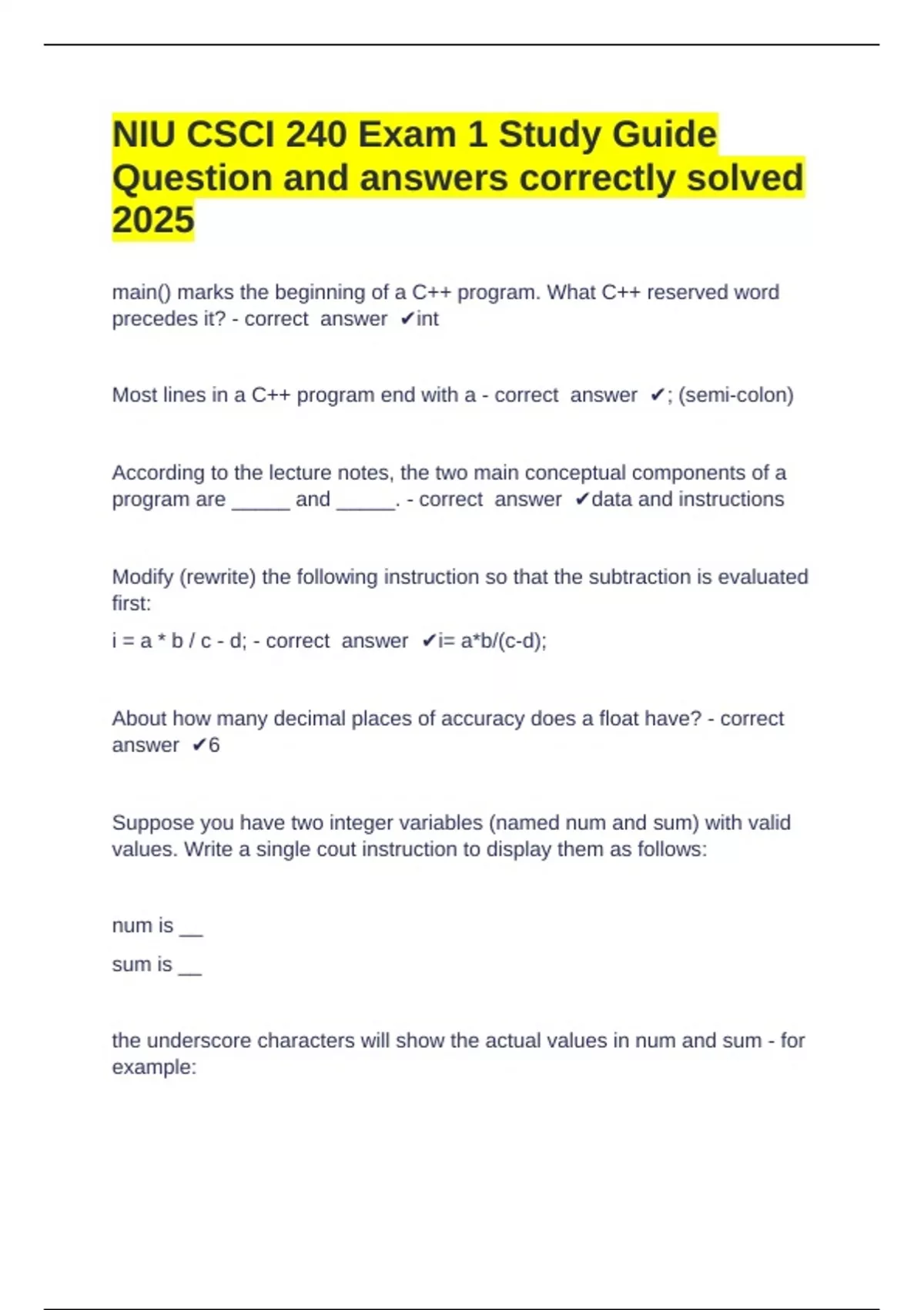 NIU CSCI 240 Exam 1 Study Guide Question and answers correctly solved ...