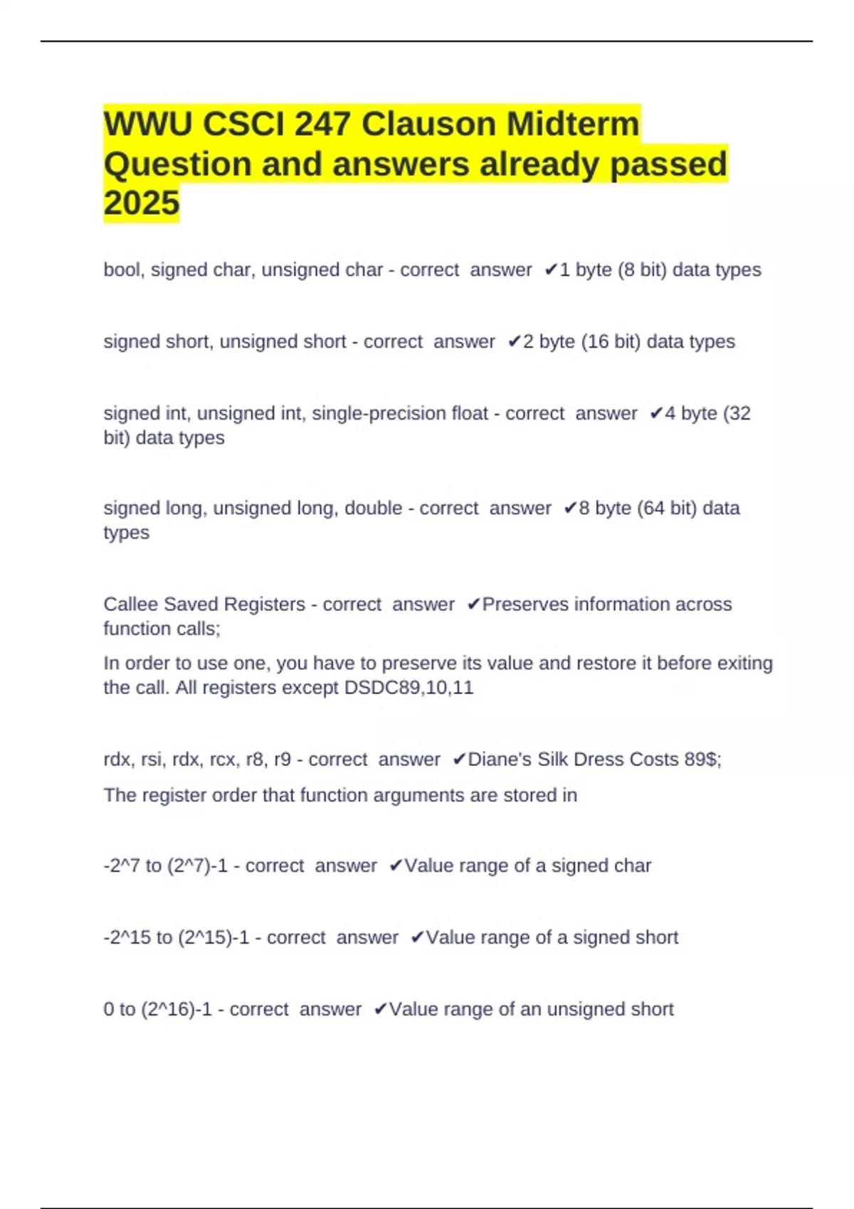 WWU CSCI 247 Clauson Midterm Question and answers already passed 2025 ...