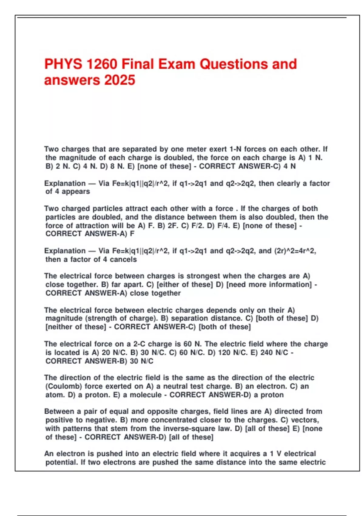 PHYS 1260 Final Exam Questions and answers 2025. - PHYS 1260 - Stuvia US