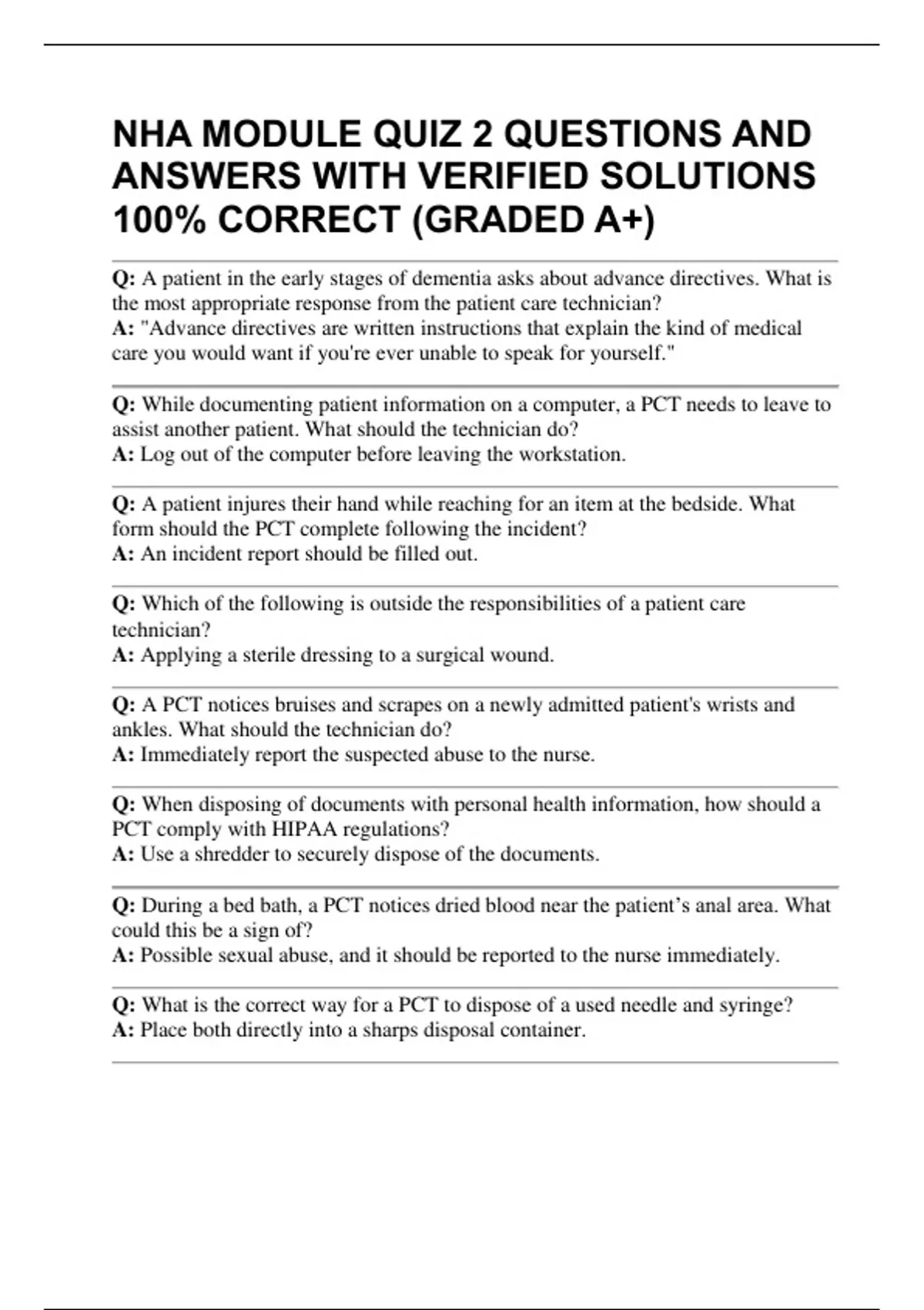 NHA MODULE QUIZ 2 QUESTIONS AND ANSWERS WITH VERIFIED SOLUTIONS 100% ...
